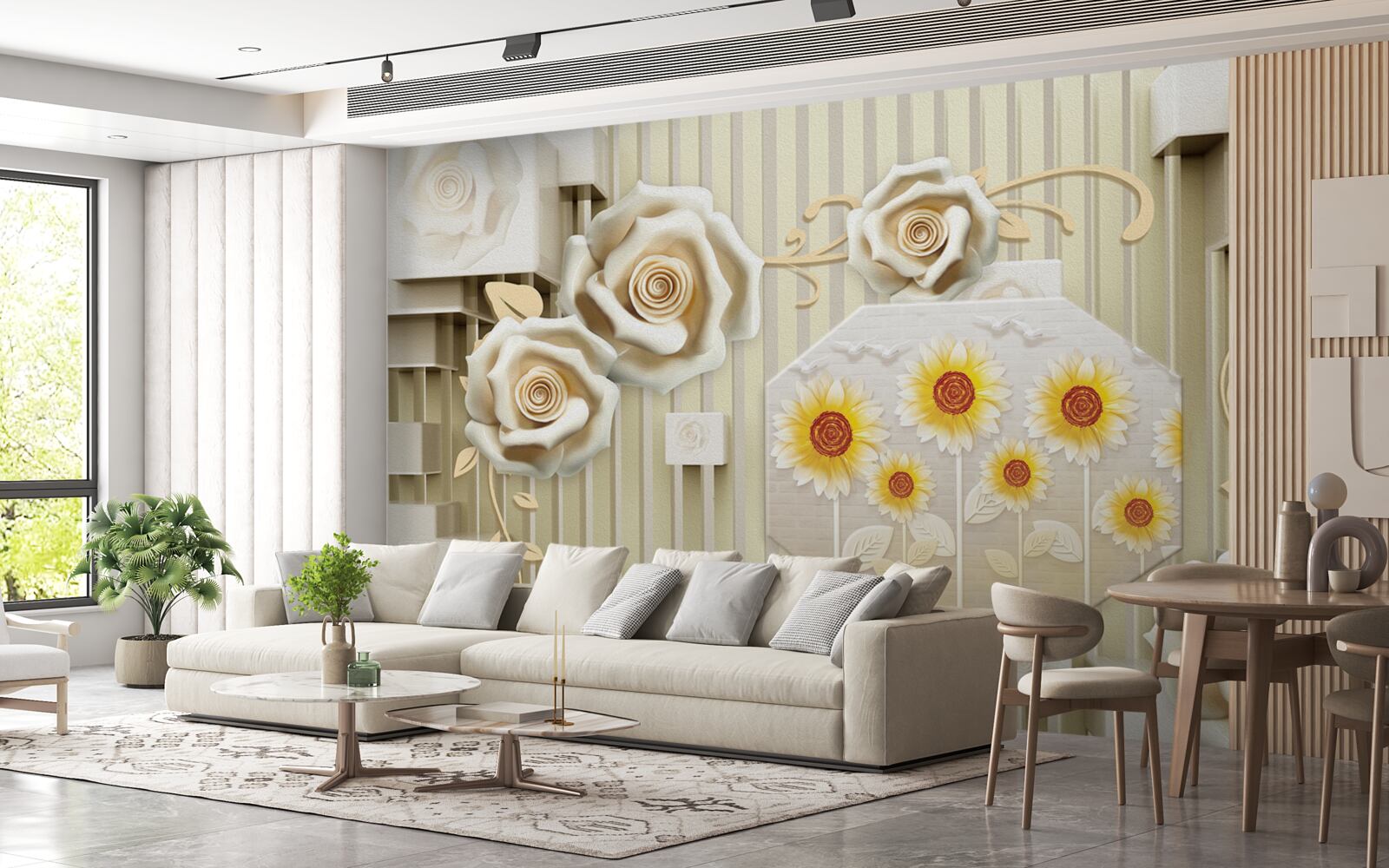 Фотошпалери блідо-золотава троянда та соняшники