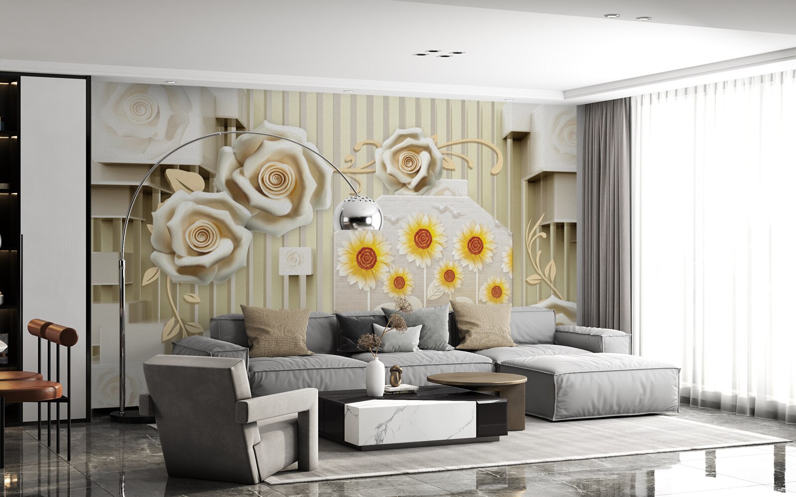 Фотошпалери блідо-золотава троянда та соняшники