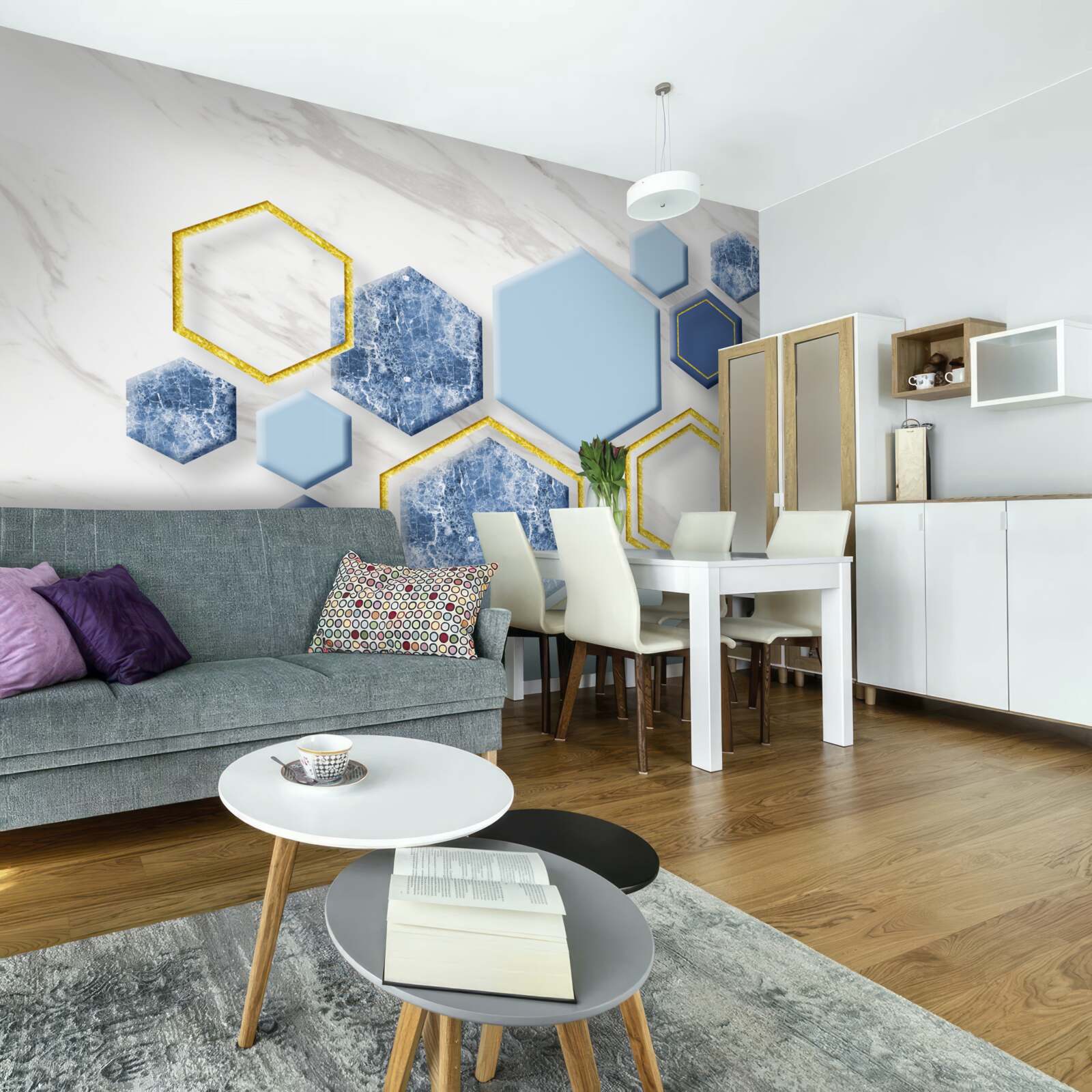 Фотошпалери п'ятикутні зображення з мармуру із золотими краями