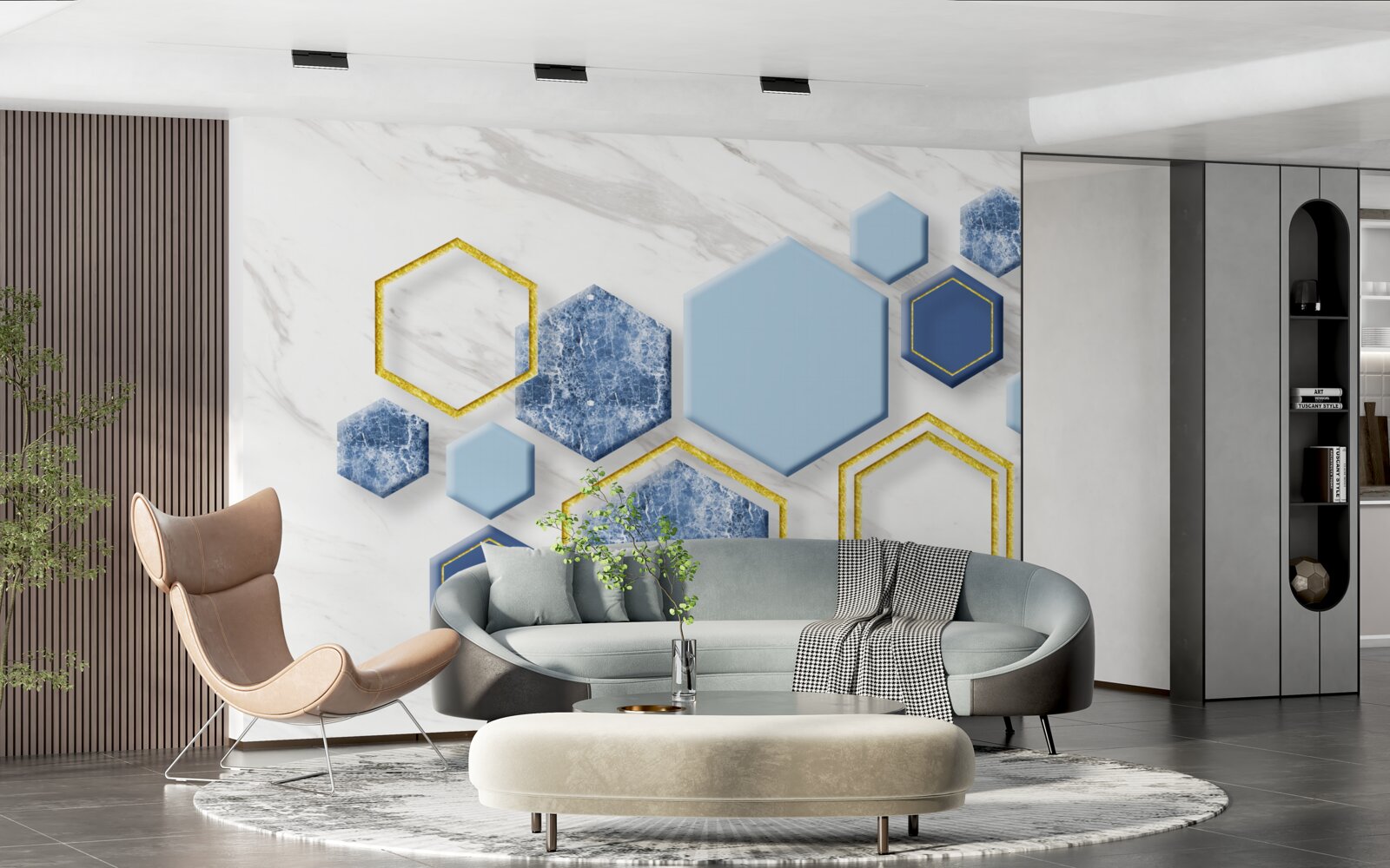 Фотошпалери п'ятикутні зображення з мармуру із золотими краями