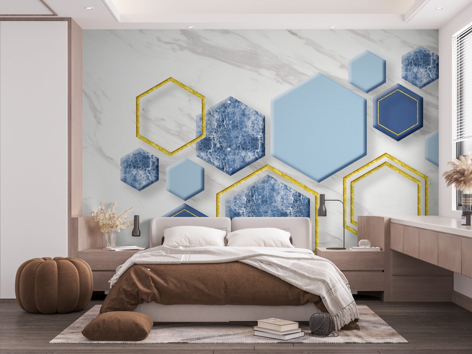 Фотошпалери п'ятикутні зображення з мармуру із золотими краями