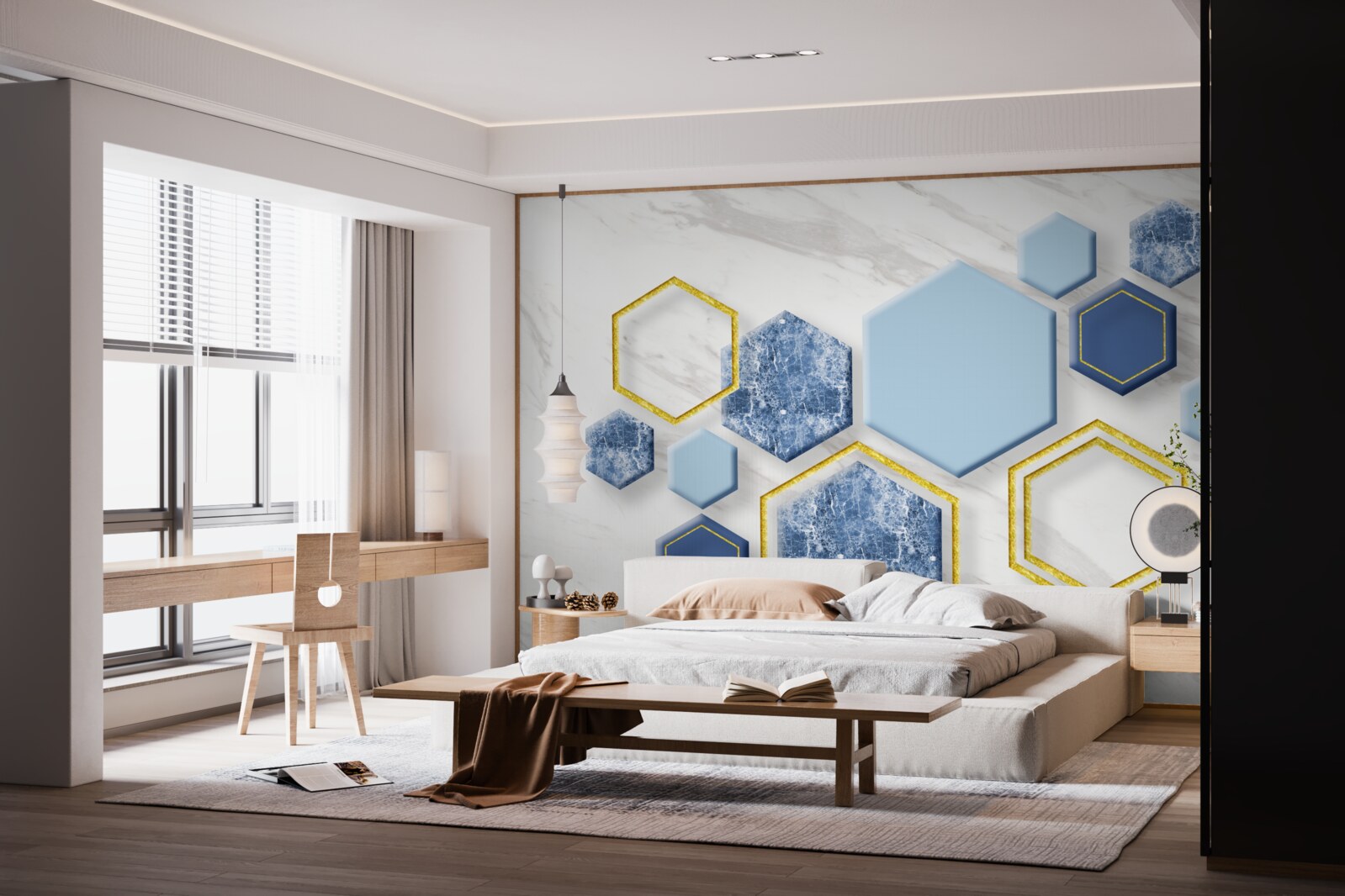 Фотошпалери п'ятикутні зображення з мармуру із золотими краями