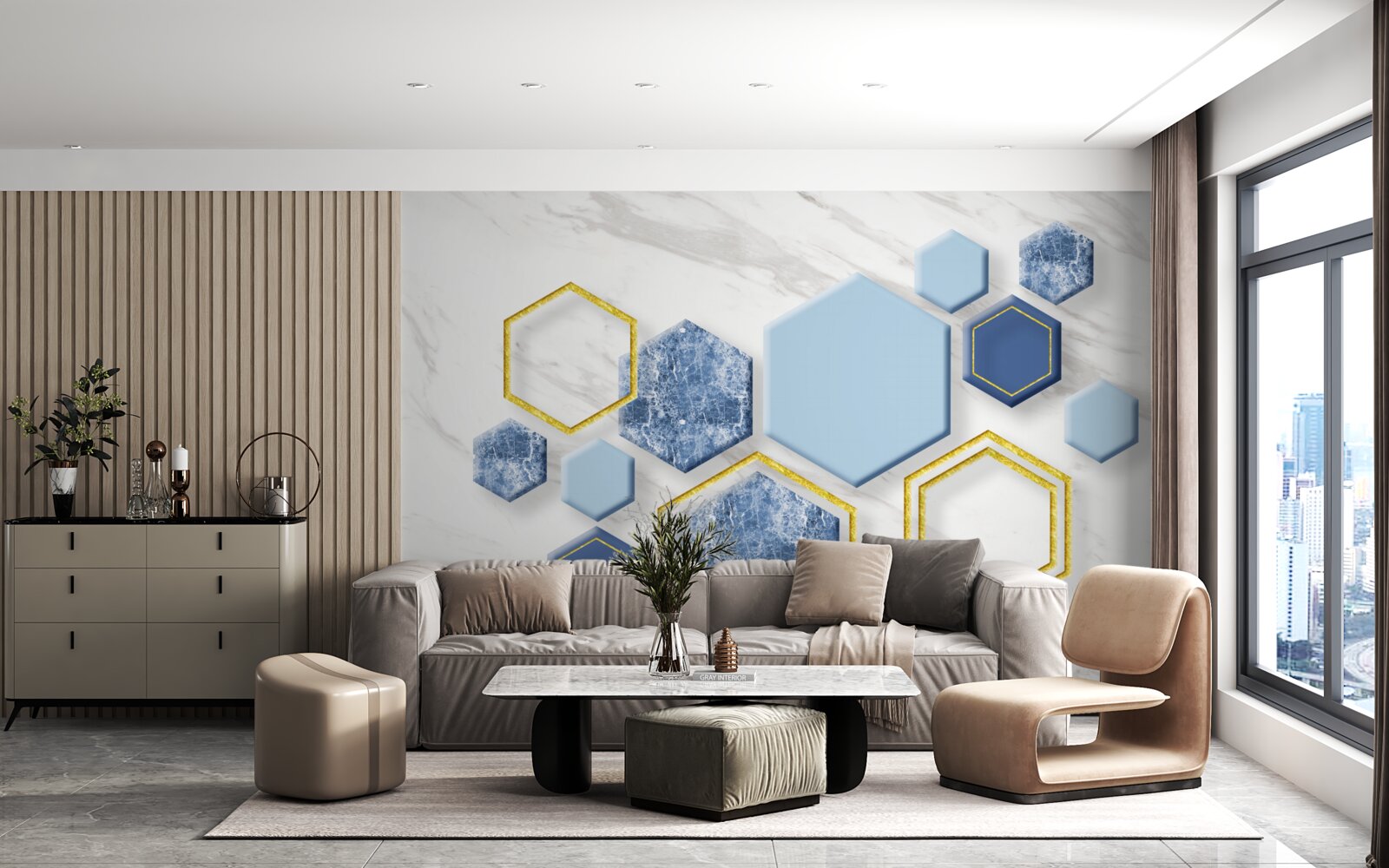 Фотошпалери п'ятикутні зображення з мармуру із золотими краями