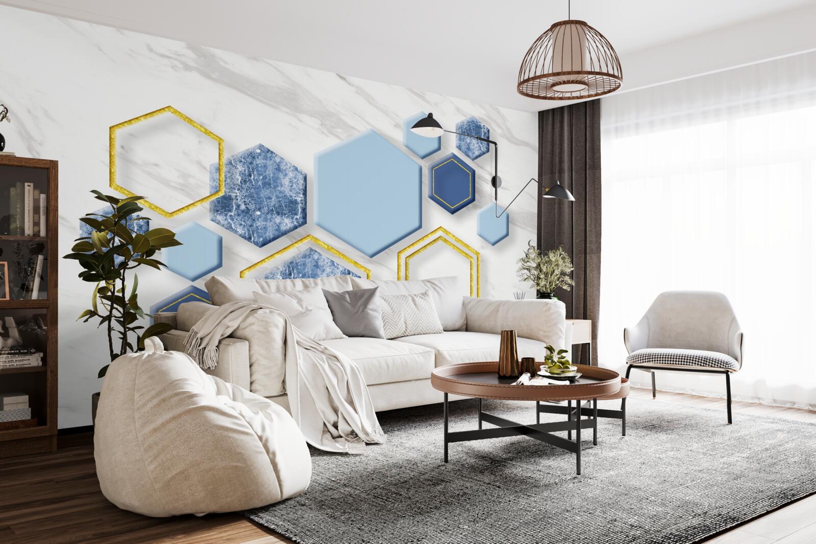 Фотошпалери п'ятикутні зображення з мармуру із золотими краями