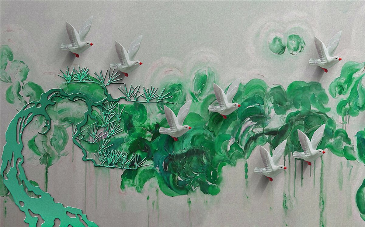 Фотошпалери білі птахи та зелене листя