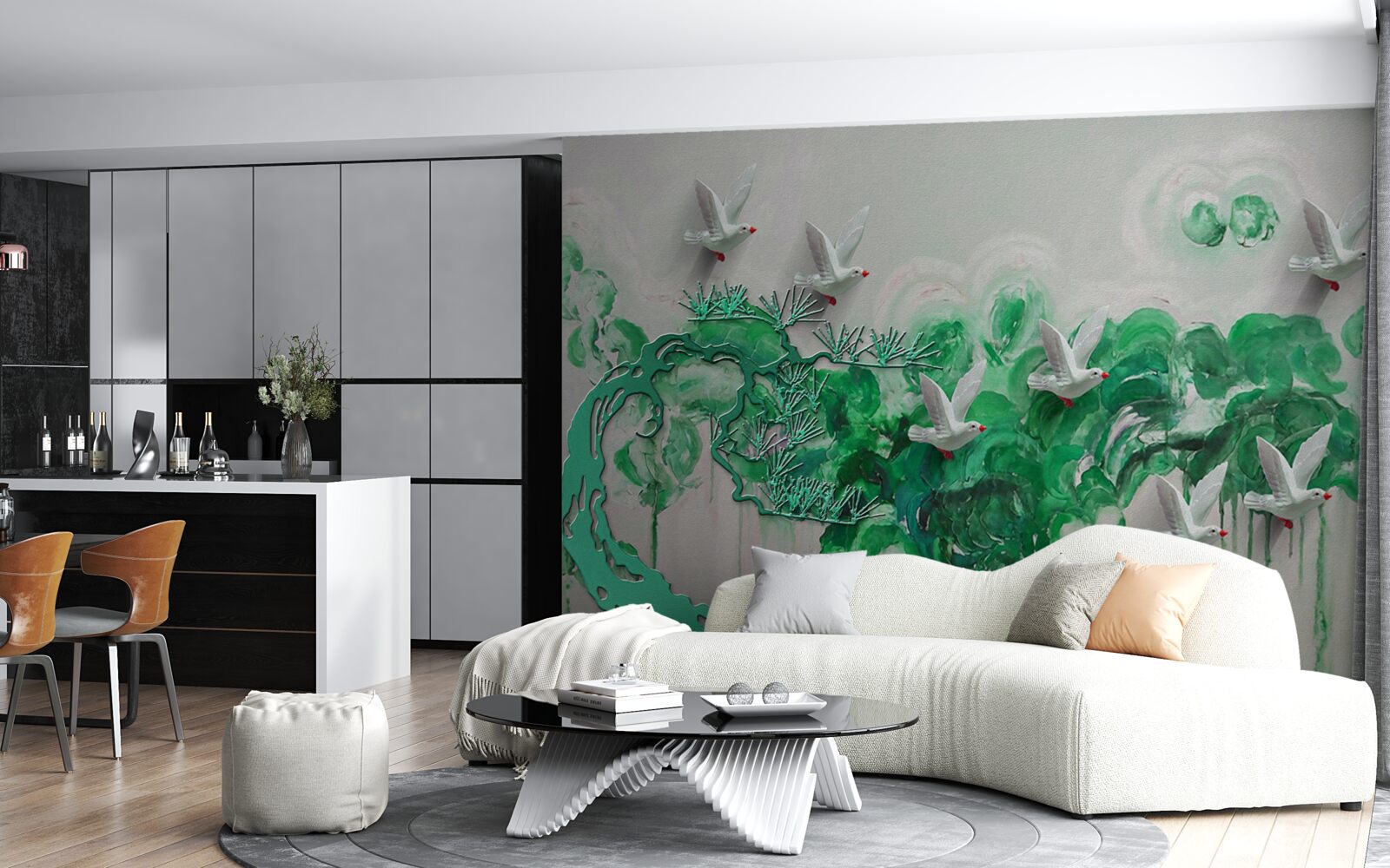 Фотошпалери білі птахи та зелене листя