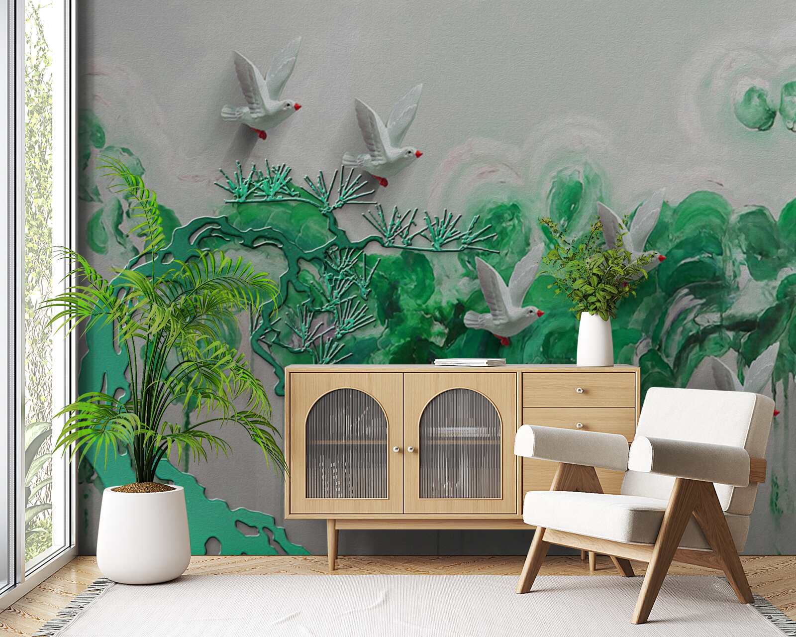 Фотошпалери білі птахи та зелене листя