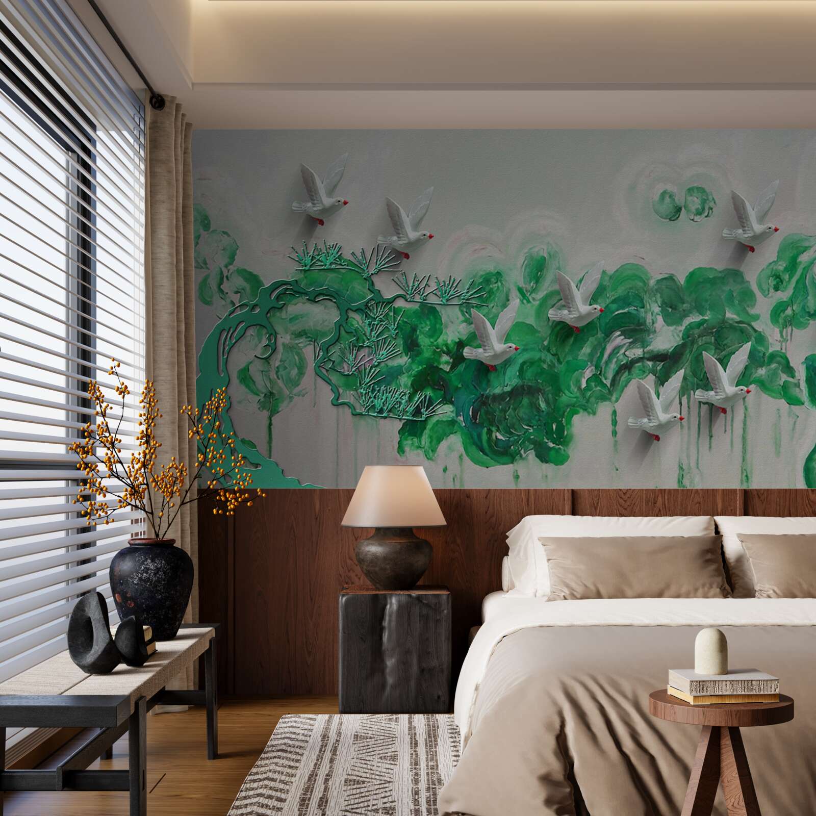 Фотошпалери білі птахи та зелене листя