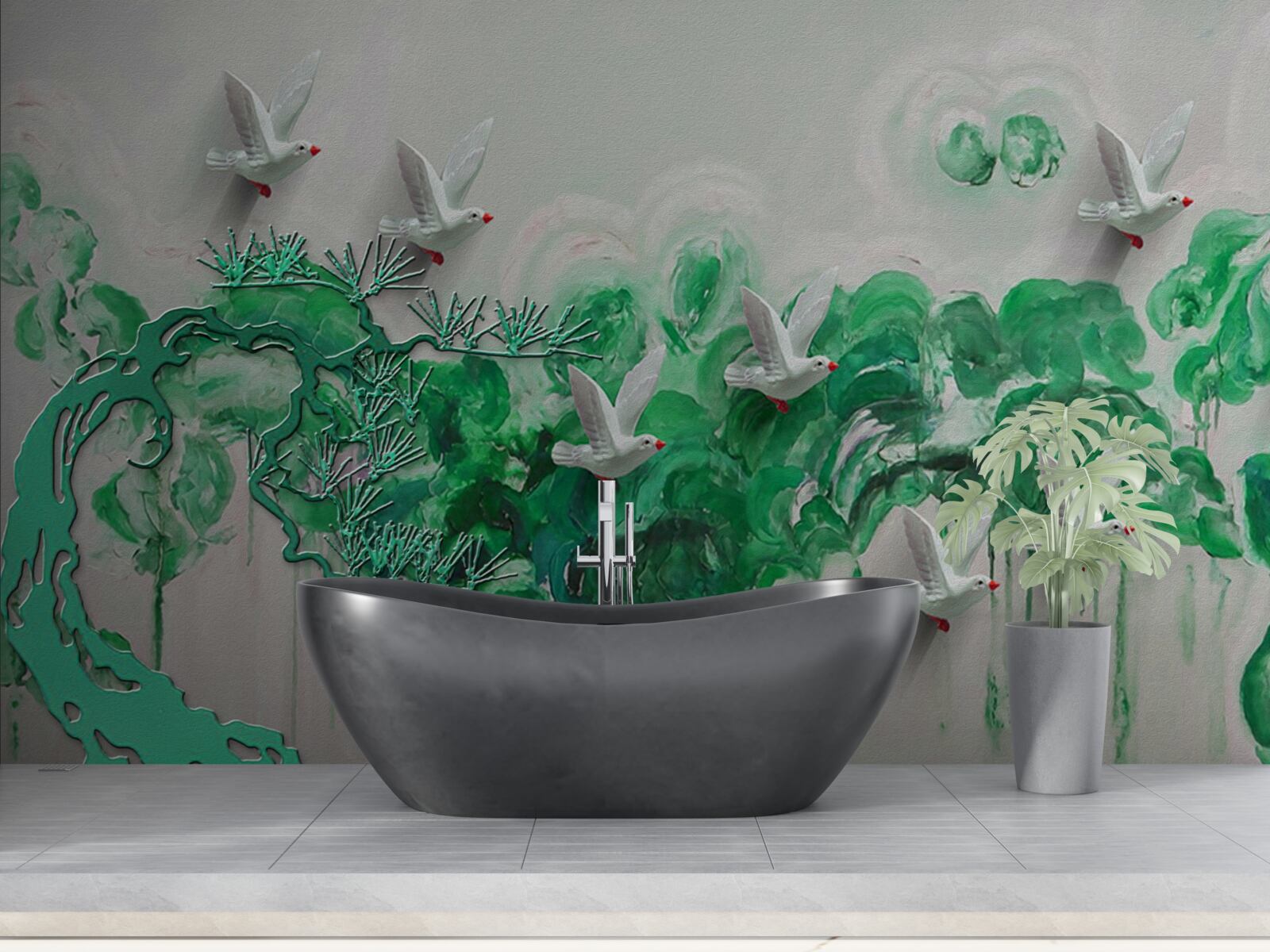 Фотошпалери білі птахи та зелене листя