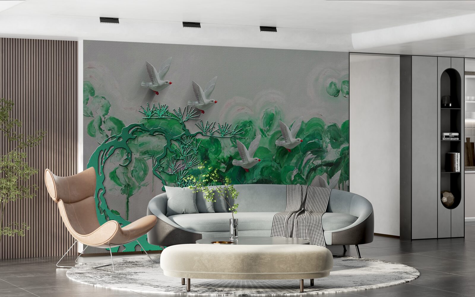 Фотошпалери білі птахи та зелене листя