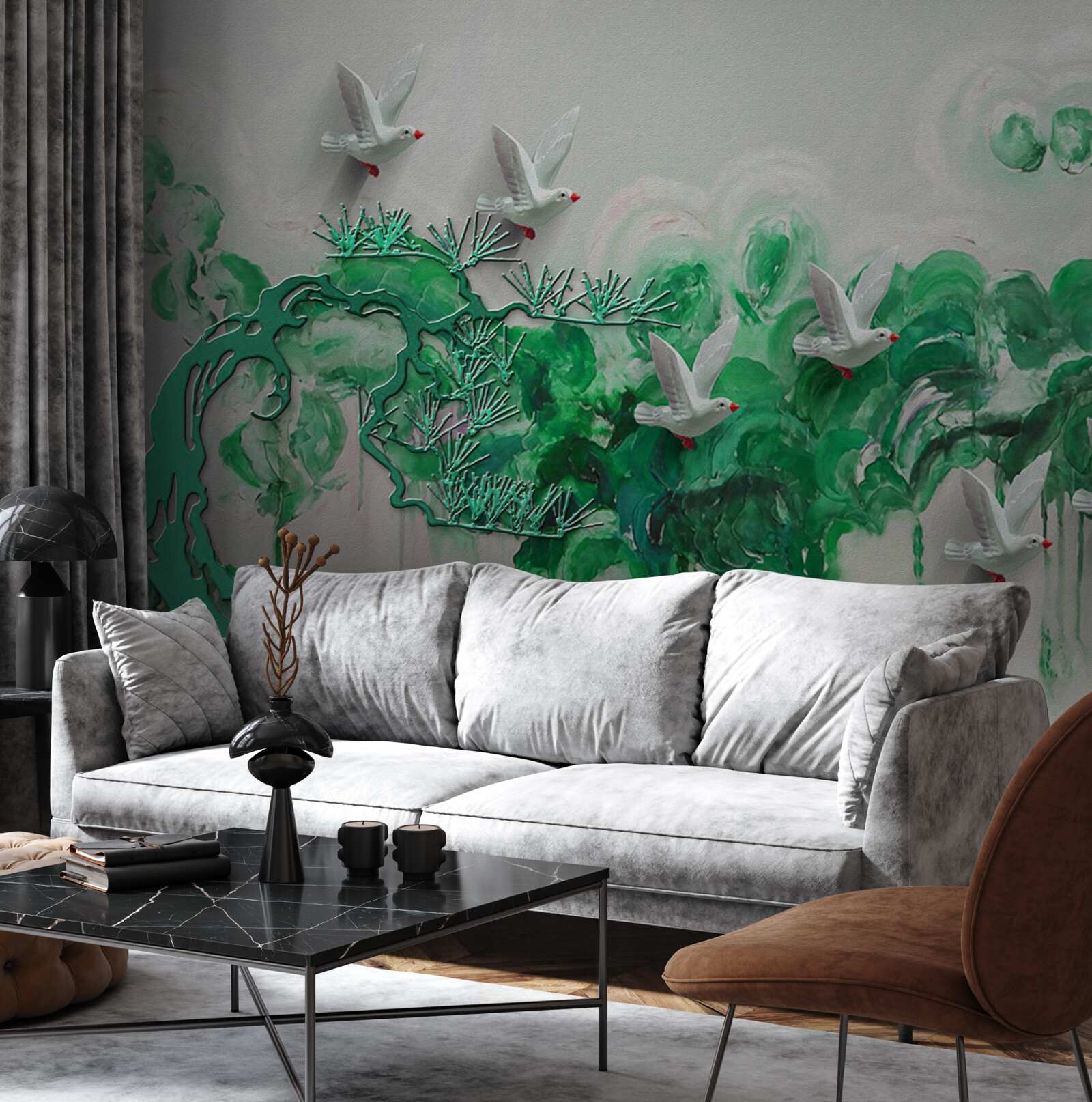 Фотошпалери білі птахи та зелене листя