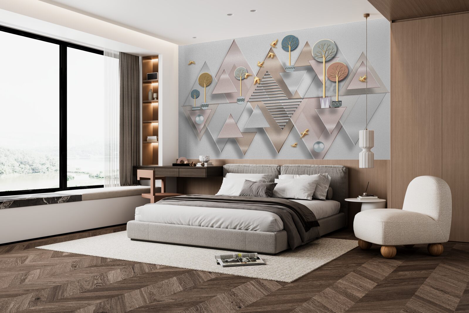 Фотошпалери відображення лісу у воді представлено у вигляді геометричної абстракції