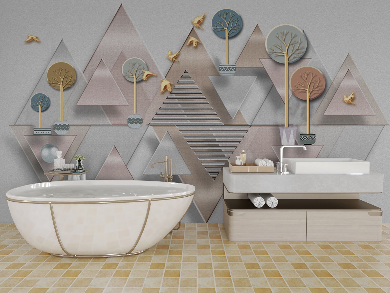 Фотошпалери відображення лісу у воді представлено у вигляді геометричної абстракції