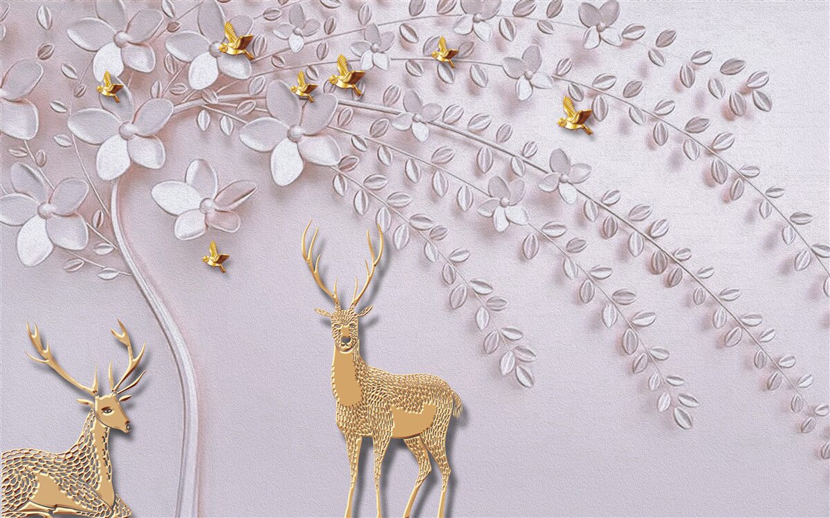 Фотошпалери величний золотий олень біля квітучого дерева