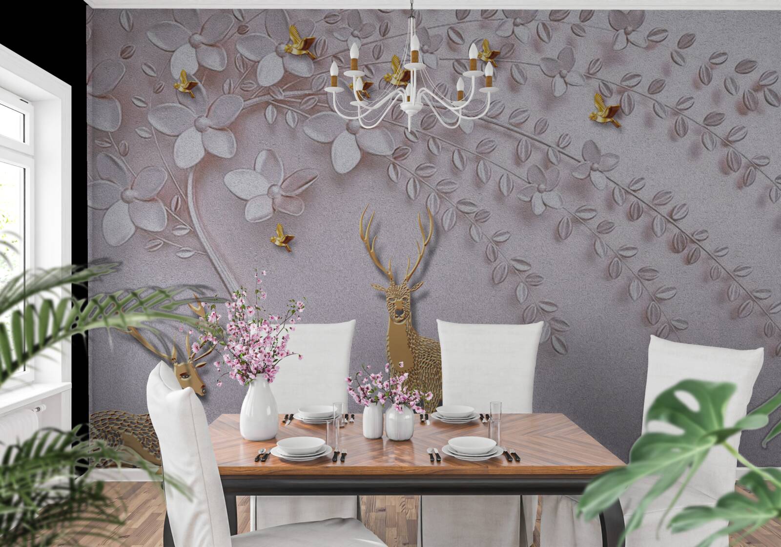 Фотошпалери величний золотий олень біля квітучого дерева