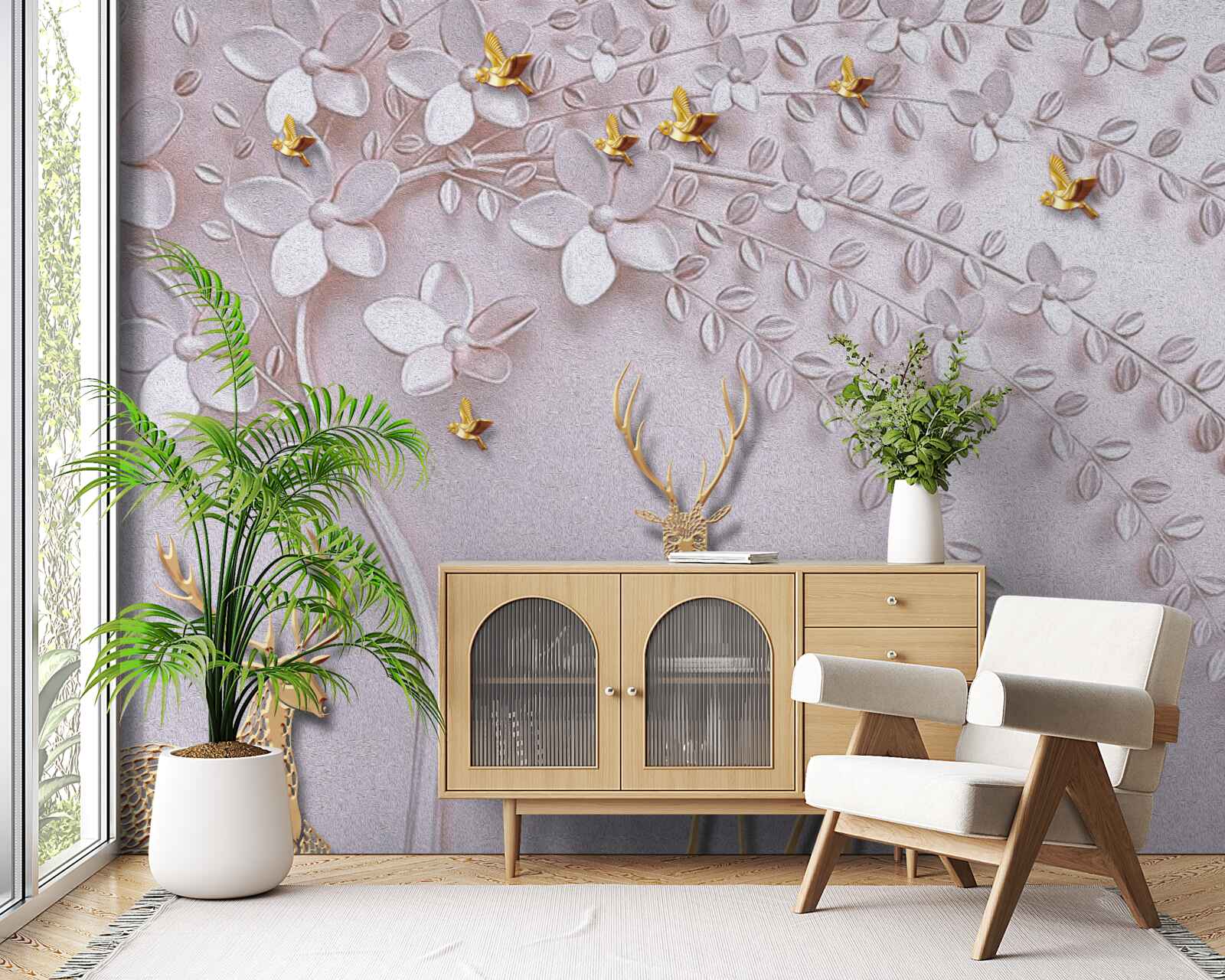 Фотошпалери величний золотий олень біля квітучого дерева