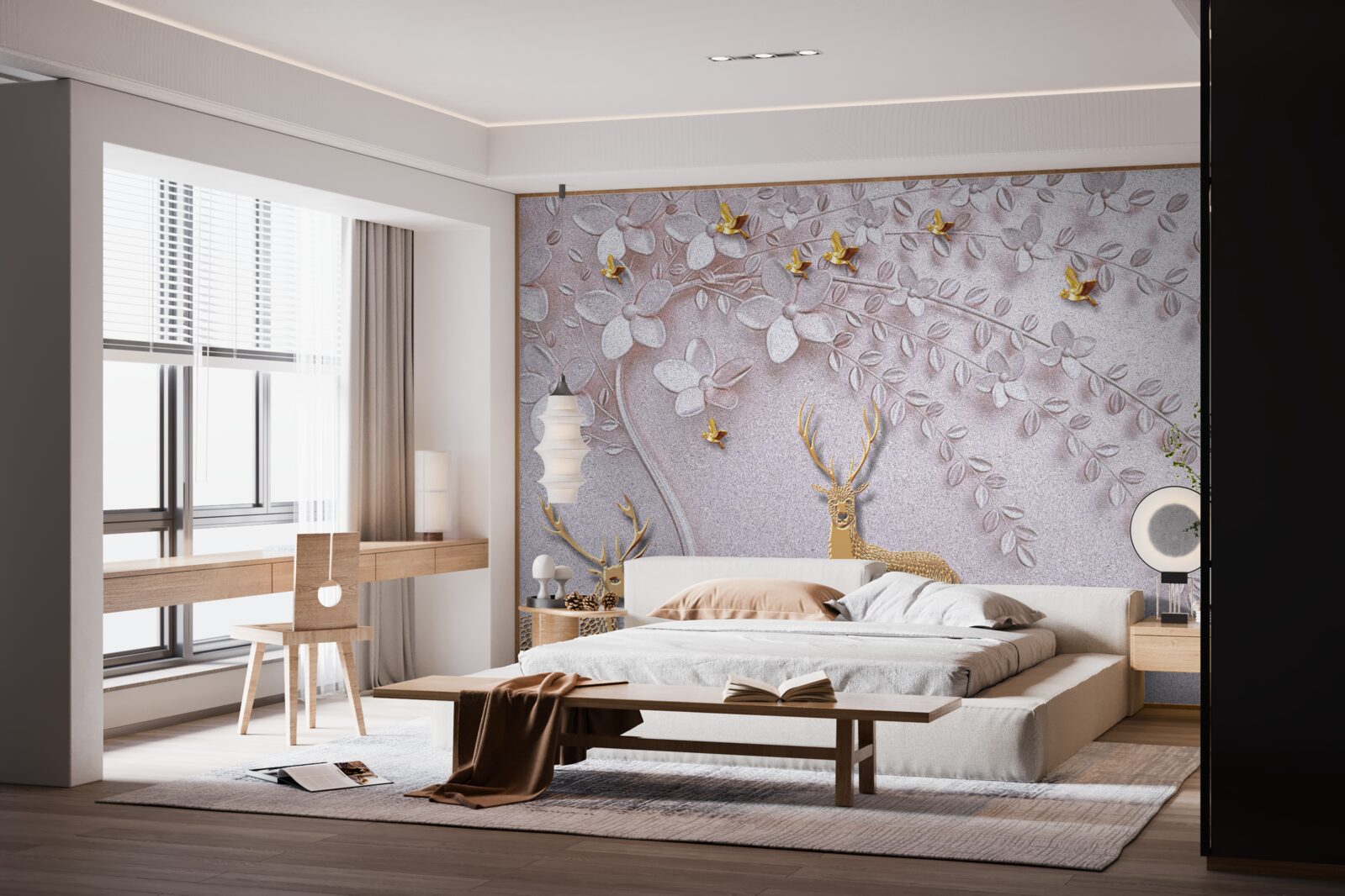 Фотошпалери величний золотий олень біля квітучого дерева