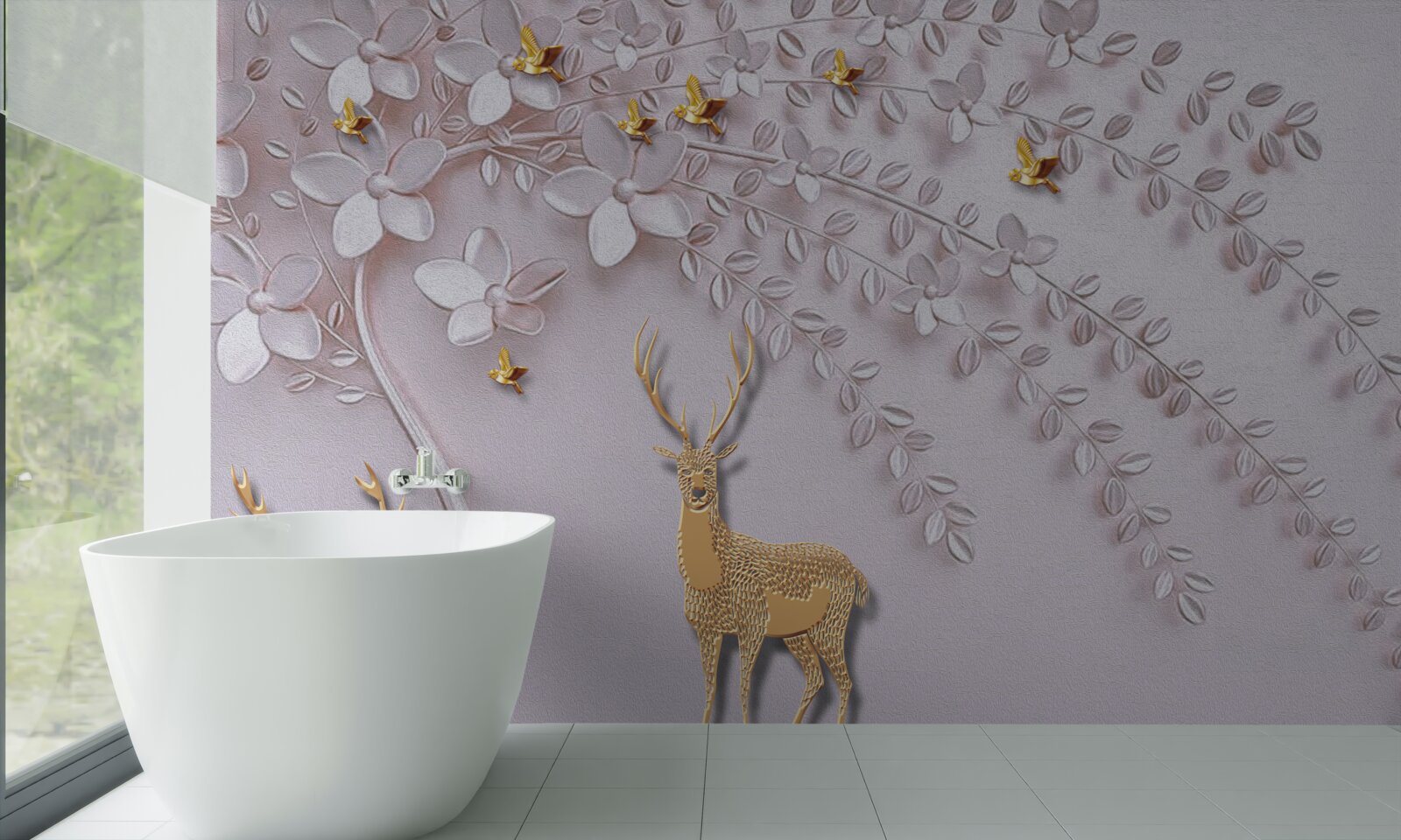 Фотошпалери величний золотий олень біля квітучого дерева