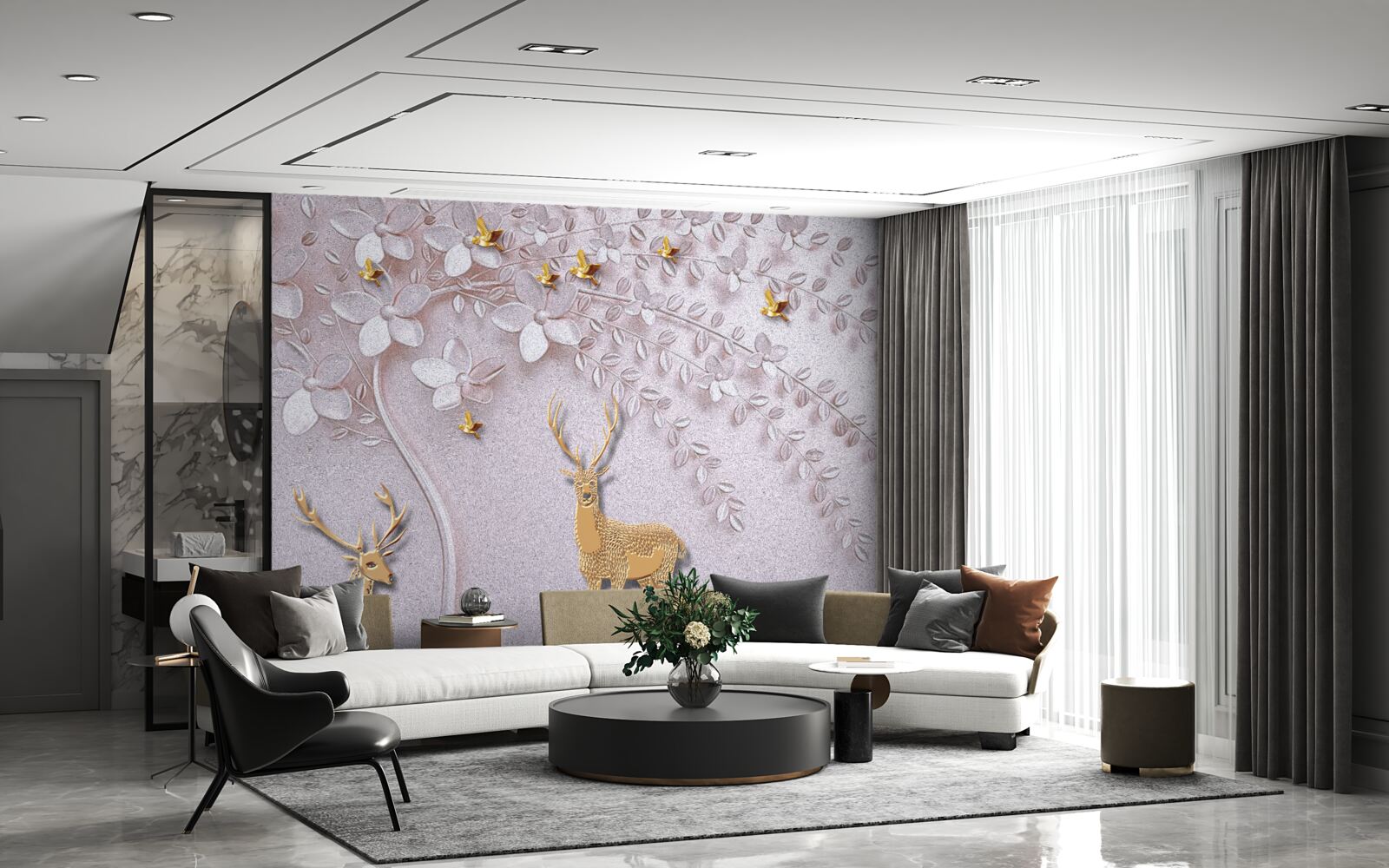 Фотошпалери величний золотий олень біля квітучого дерева