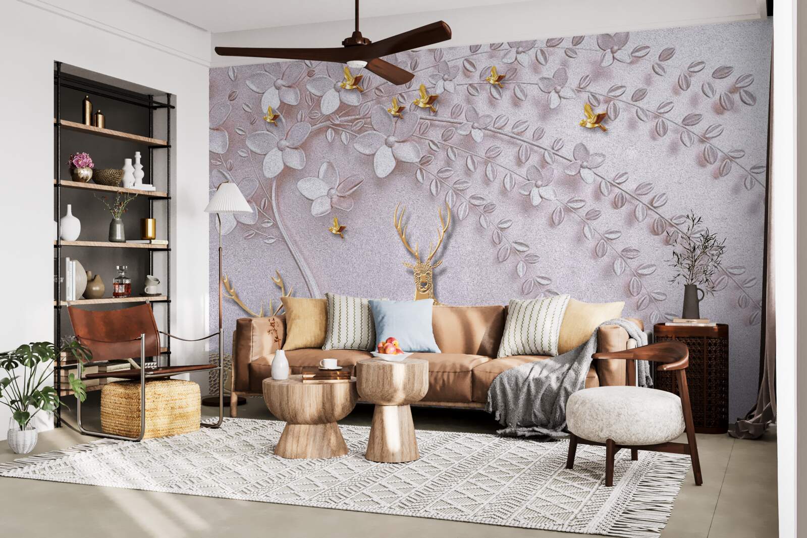 Фотошпалери величний золотий олень біля квітучого дерева