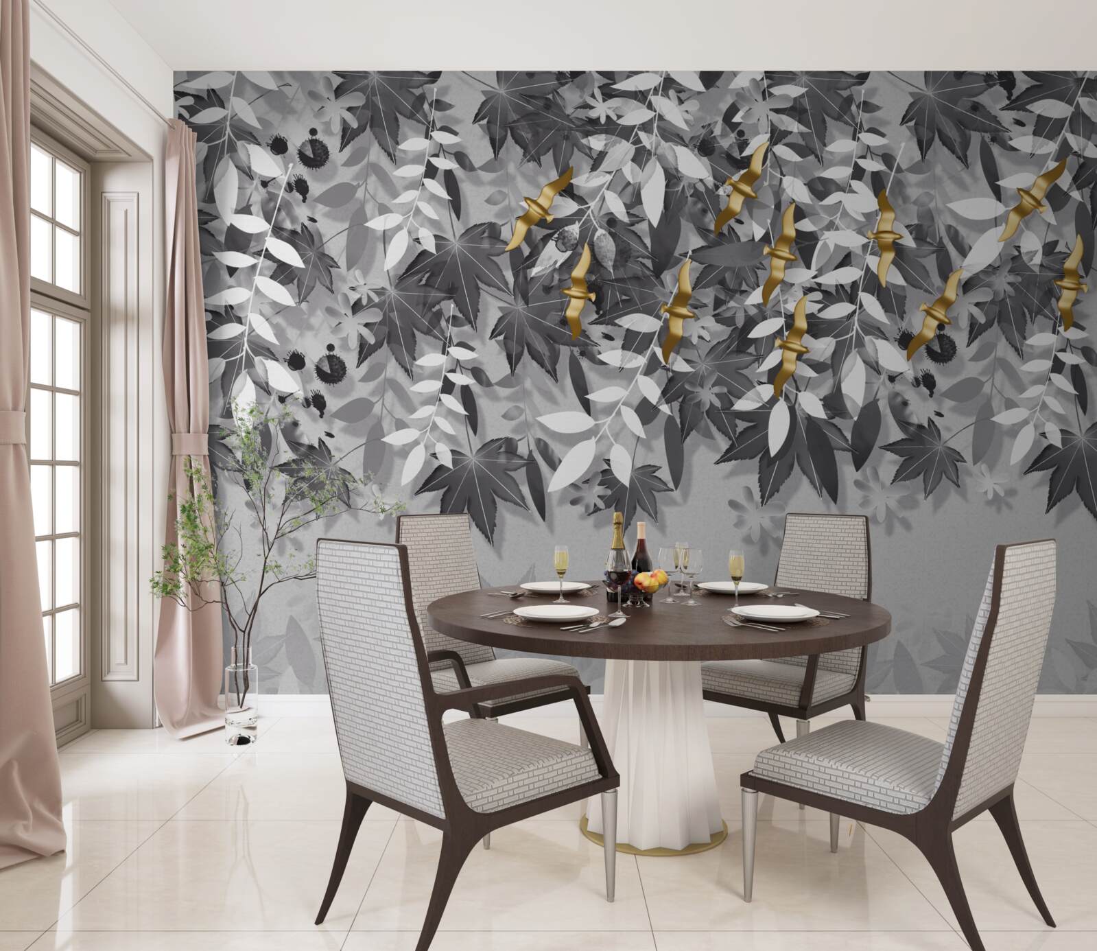 Фотошпалери гілки білосніжні з золотистими квітами