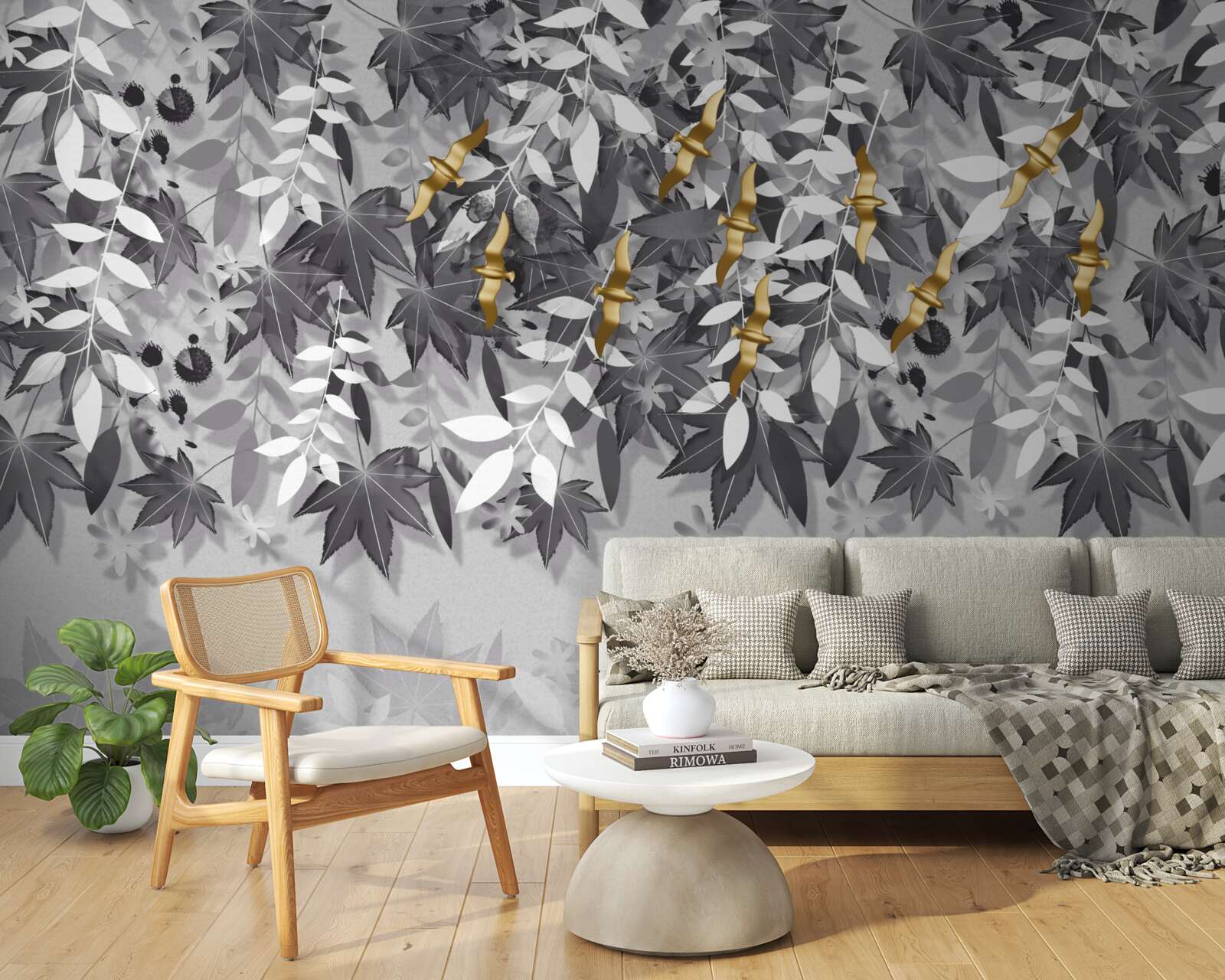 Фотошпалери гілки білосніжні з золотистими квітами