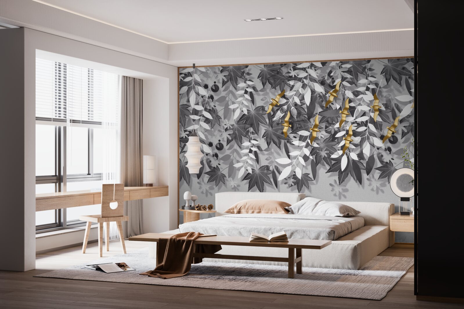 Фотошпалери гілки білосніжні з золотистими квітами