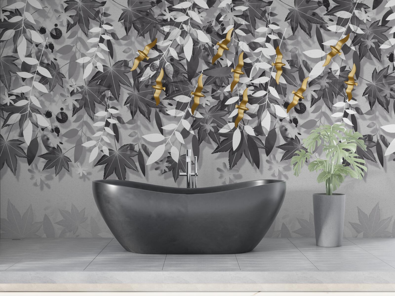 Фотошпалери гілки білосніжні з золотистими квітами