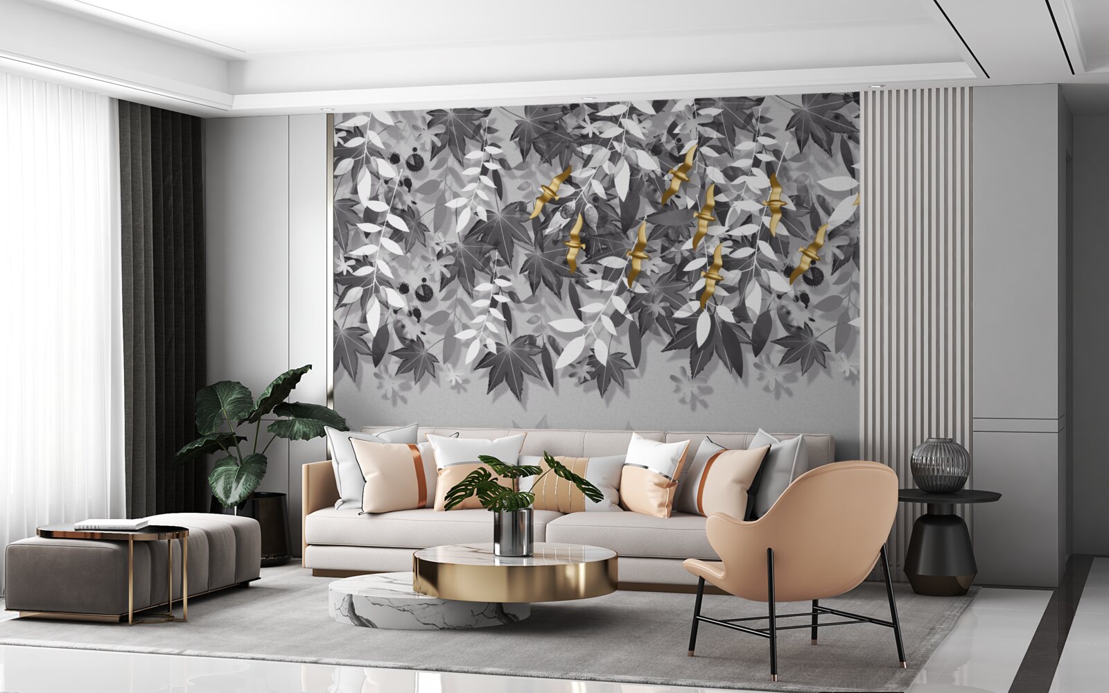 Фотошпалери гілки білосніжні з золотистими квітами