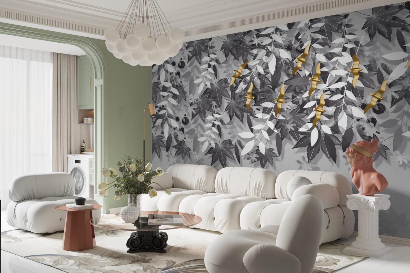 Фотошпалери гілки білосніжні з золотистими квітами