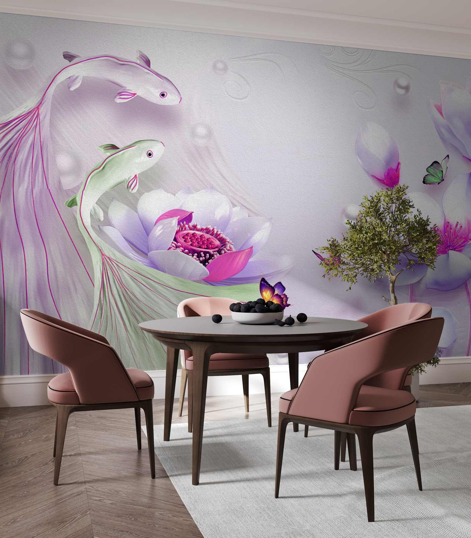 Фотошпалери Білосніжна магнолія та маленькі рибки