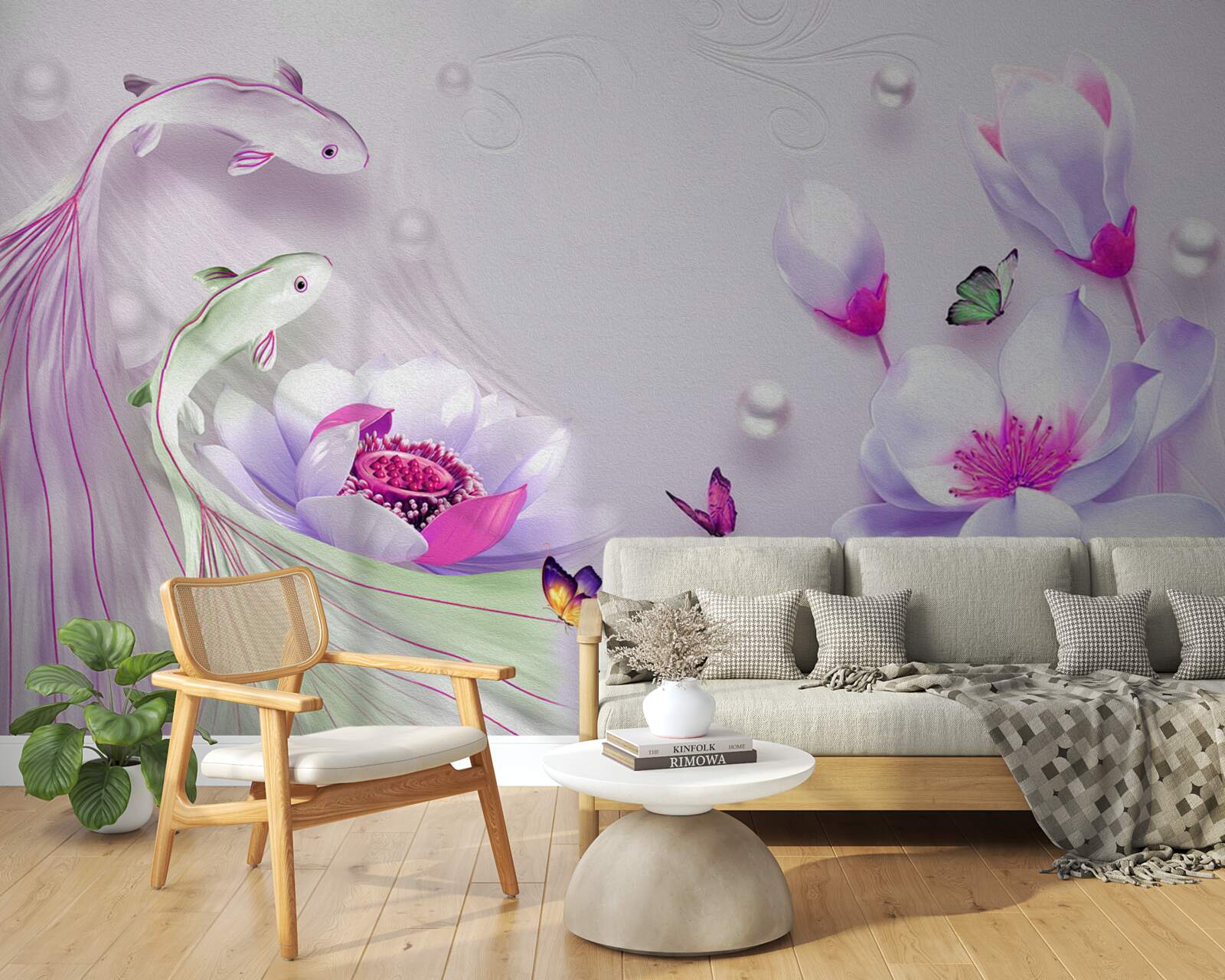 Фотошпалери Білосніжна магнолія та маленькі рибки