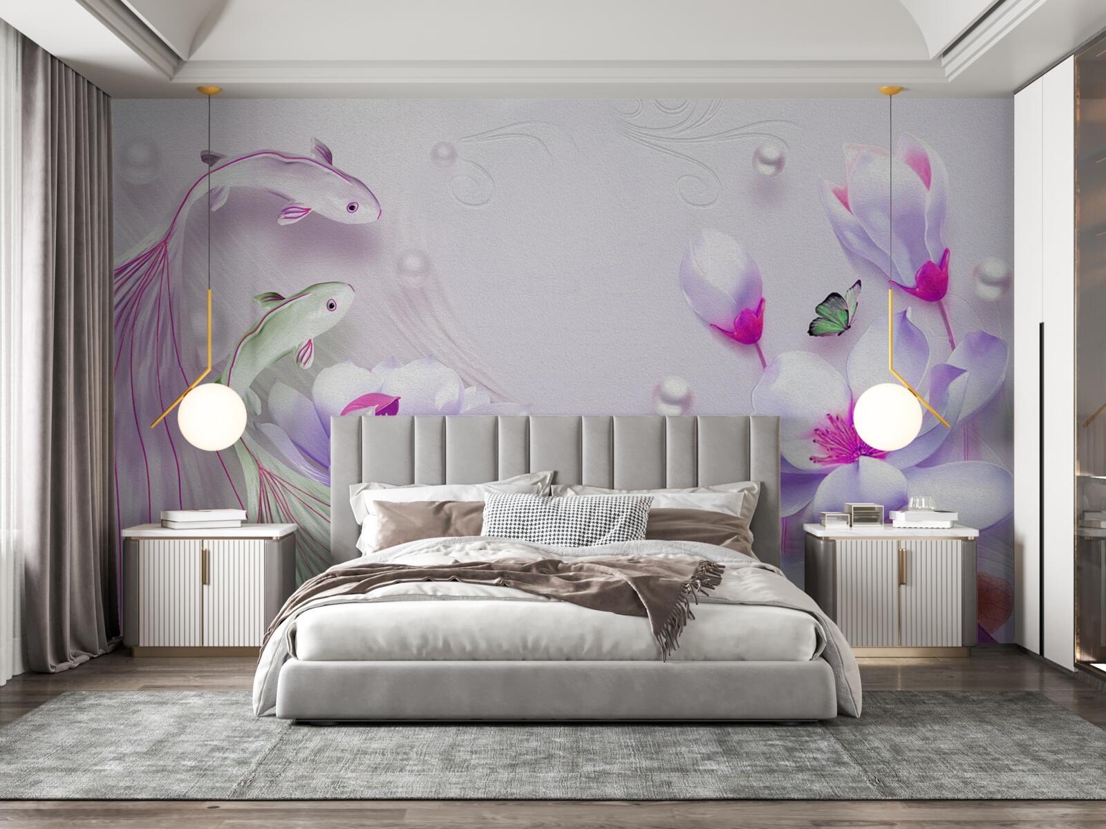 Фотошпалери Білосніжна магнолія та маленькі рибки