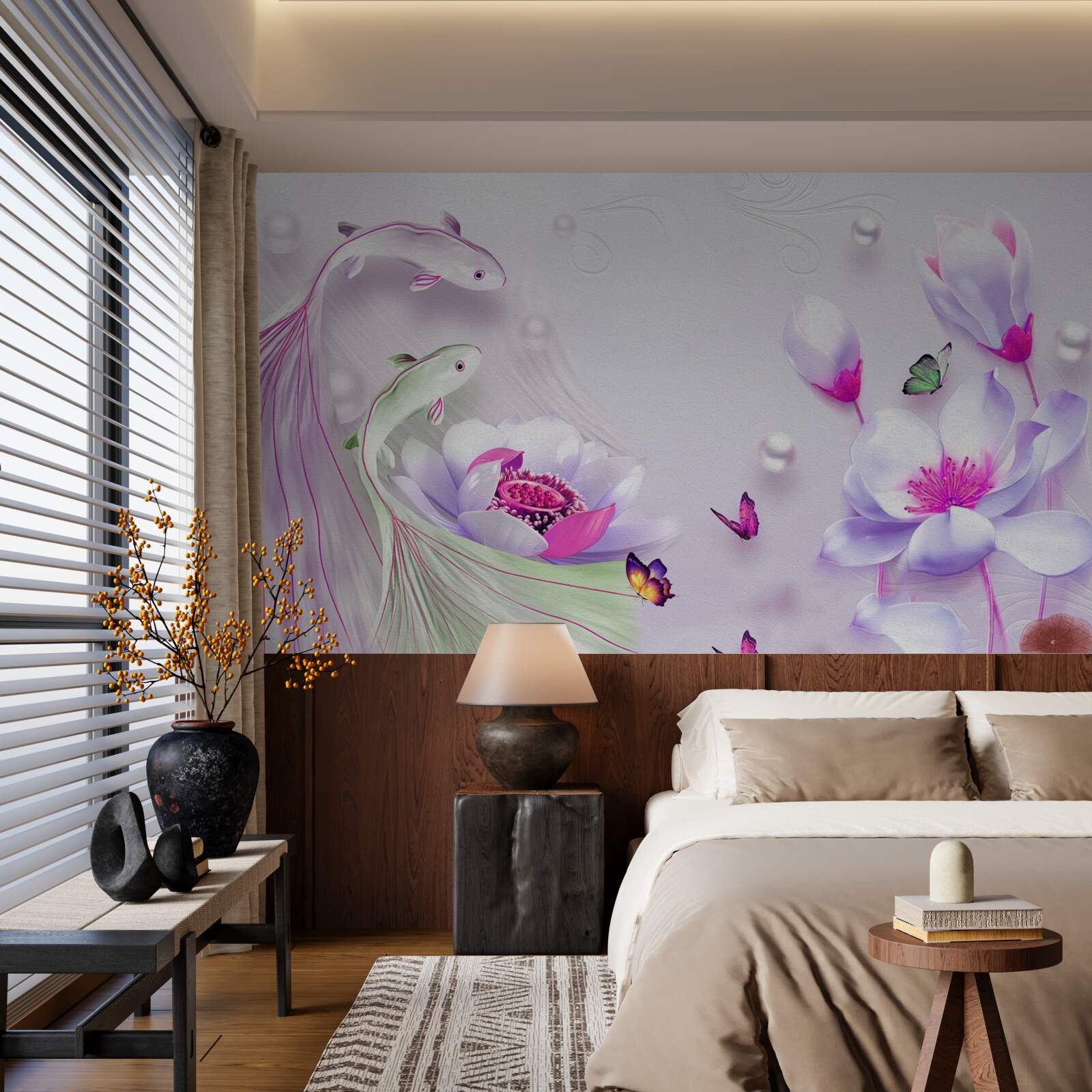 Фотошпалери Білосніжна магнолія та маленькі рибки