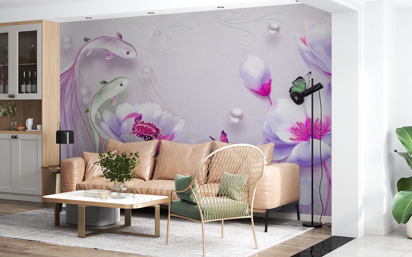 Фотошпалери Білосніжна магнолія та маленькі рибки