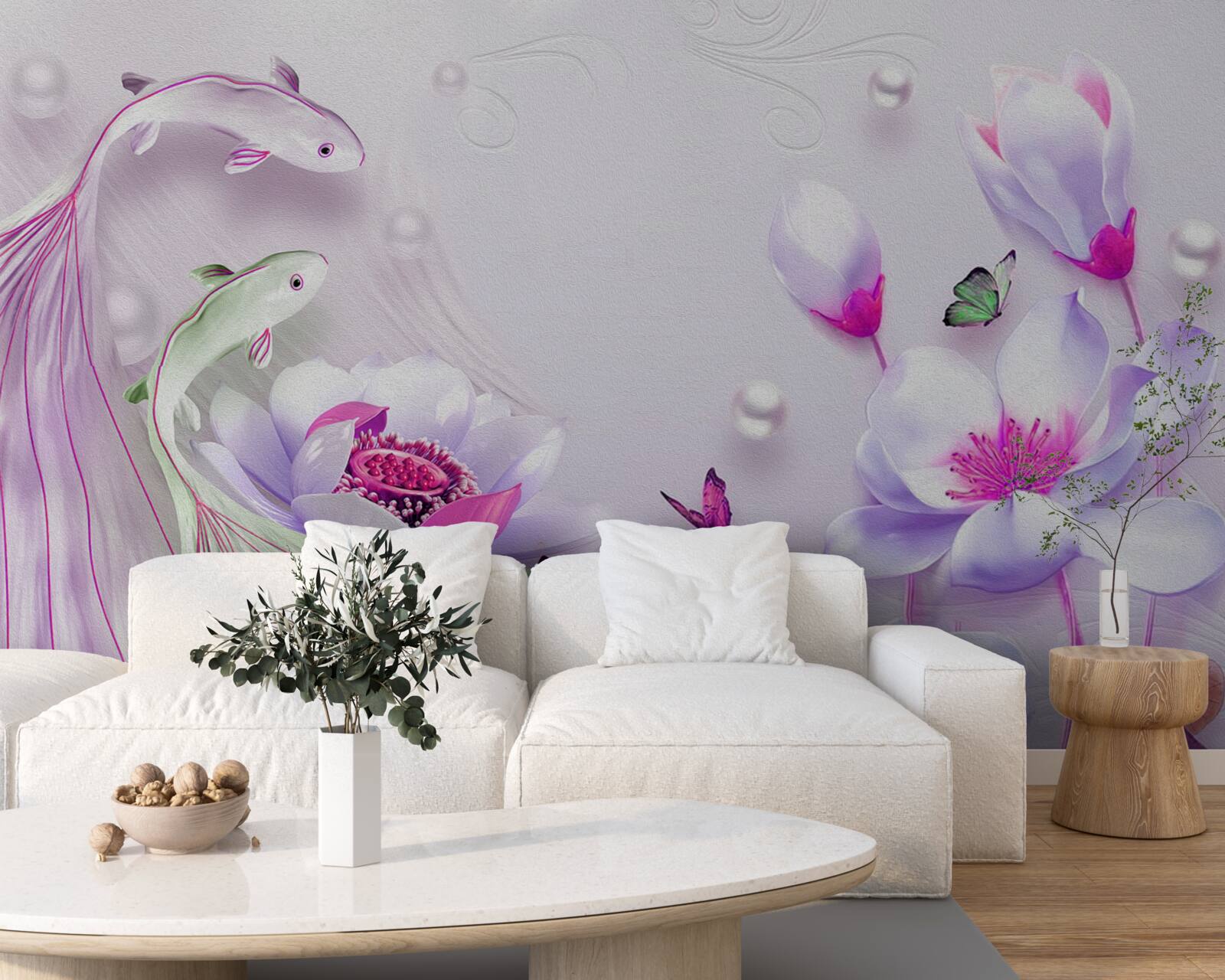 Фотошпалери Білосніжна магнолія та маленькі рибки