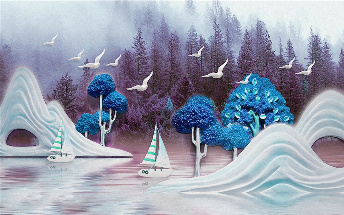 Фотошпалери кораблі під вітрилами пливуть по темному озеру