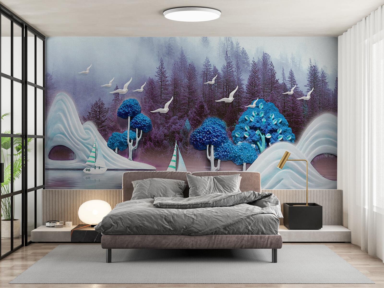 Фотошпалери кораблі під вітрилами пливуть по темному озеру