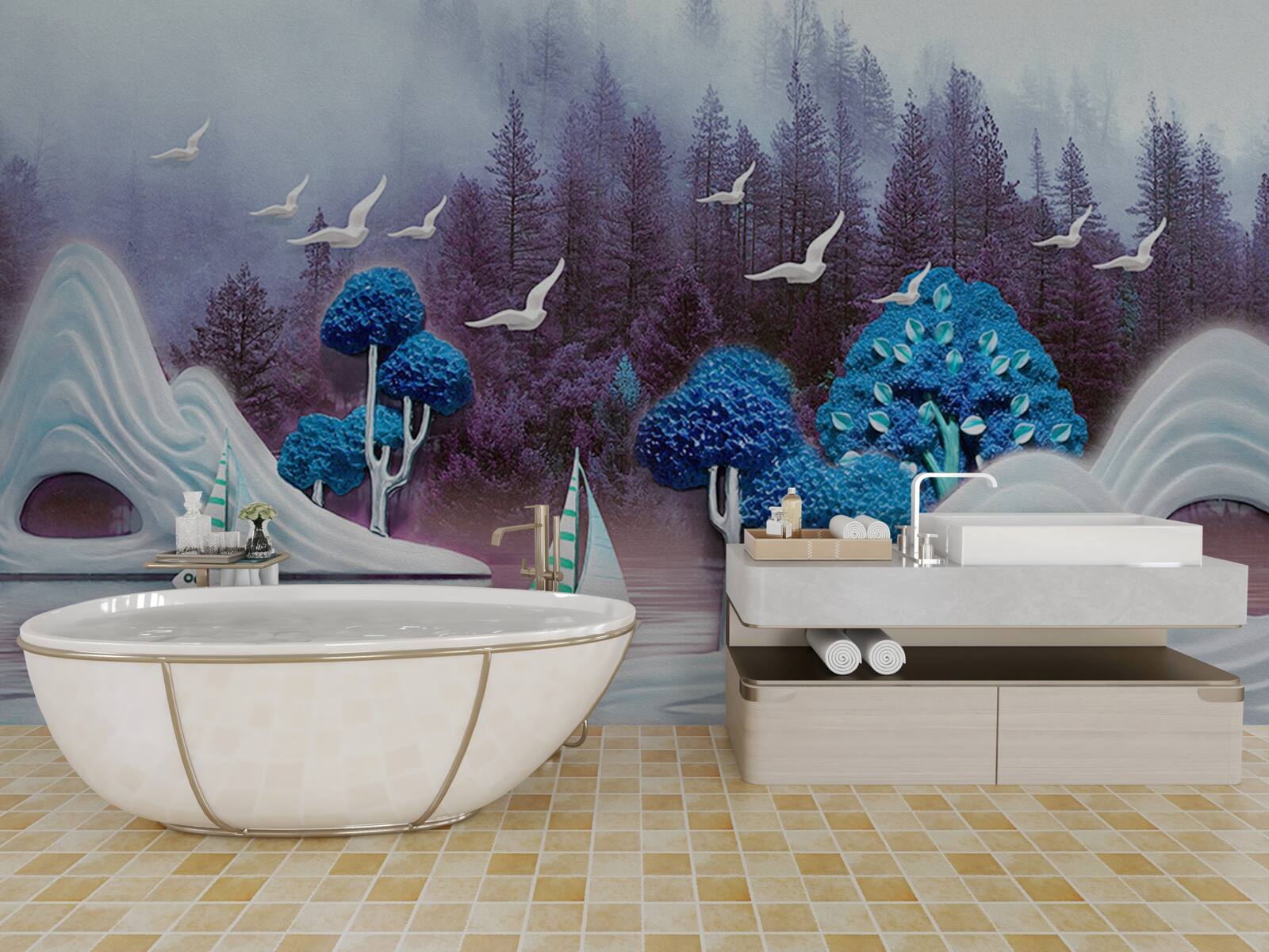 Фотошпалери кораблі під вітрилами пливуть по темному озеру