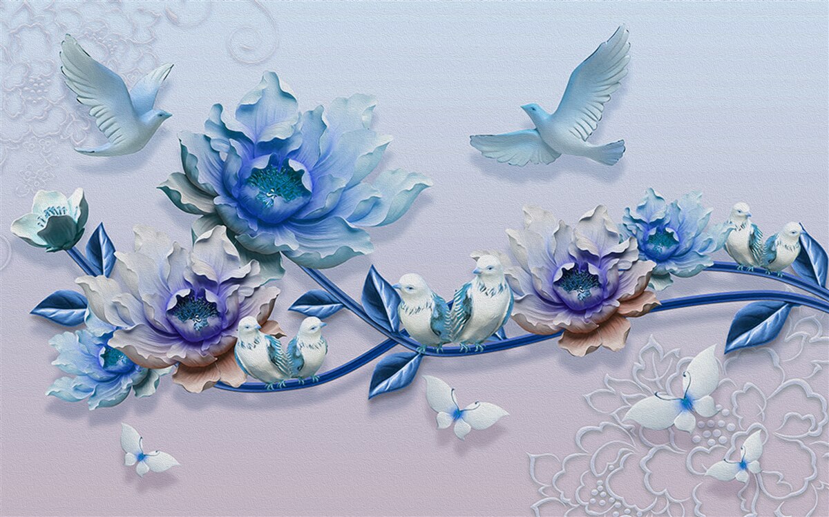Фотошпалери гілка, обвита блакитними квітами - рай для голубів