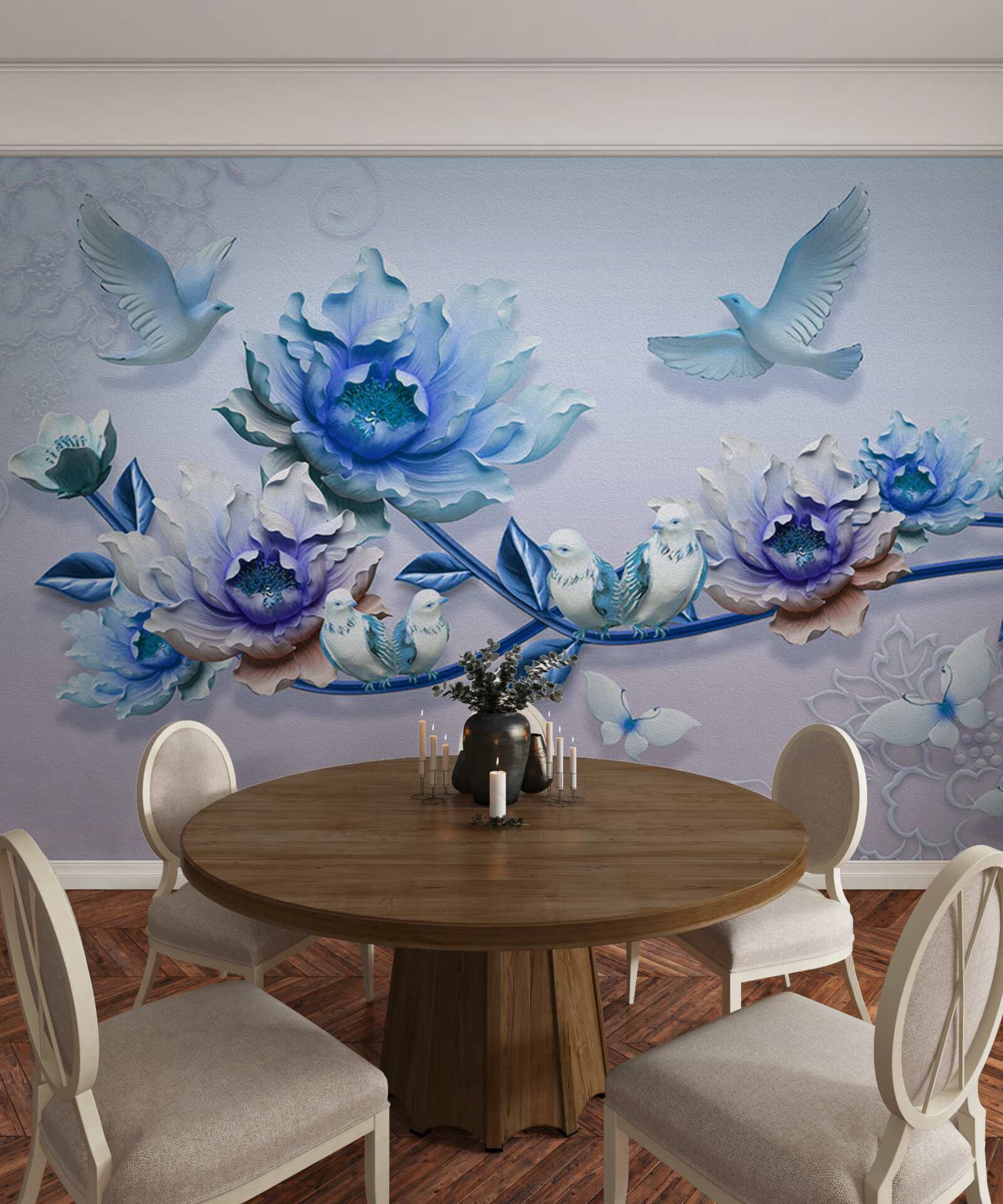 Фотошпалери гілка, обвита блакитними квітами - рай для голубів