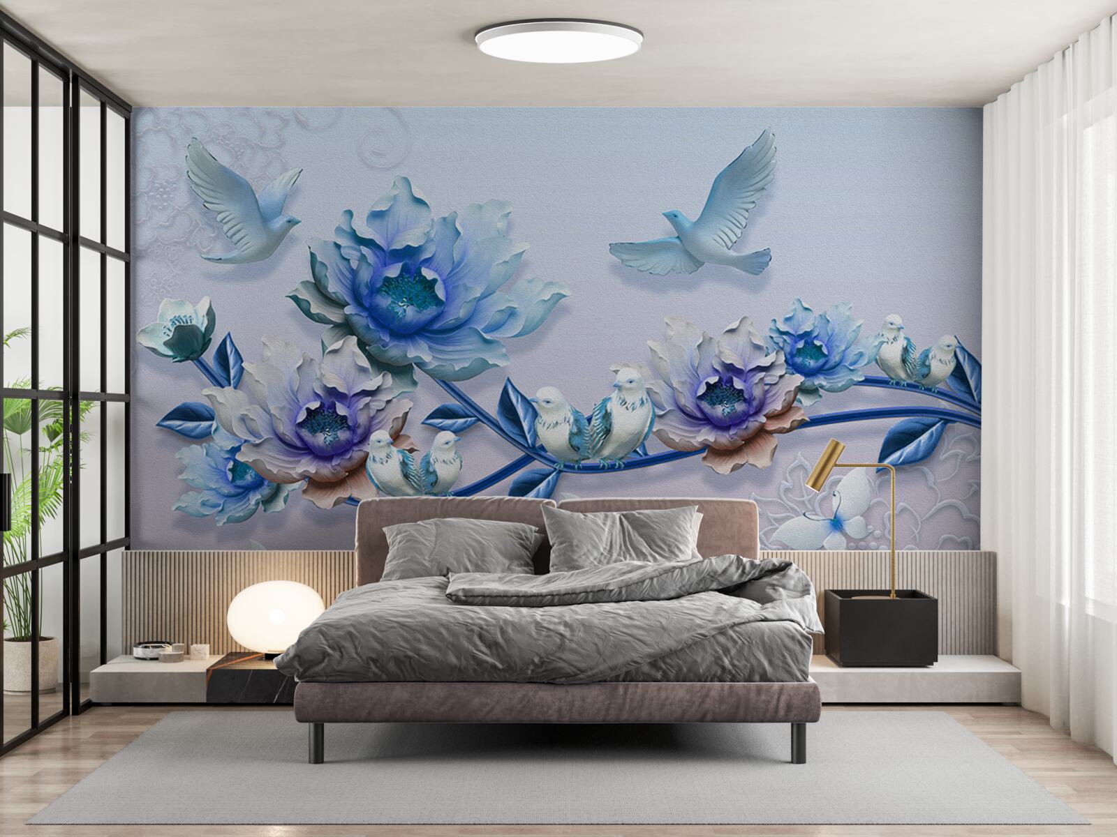 Фотошпалери гілка, обвита блакитними квітами - рай для голубів