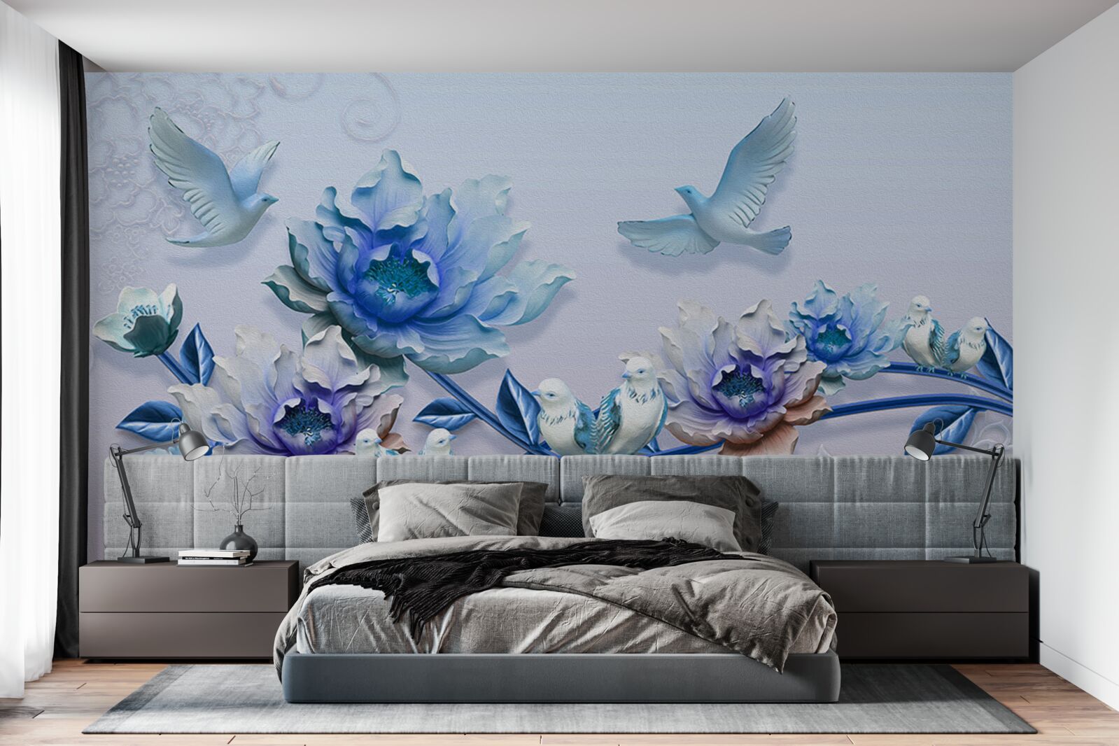 Фотошпалери гілка, обвита блакитними квітами - рай для голубів