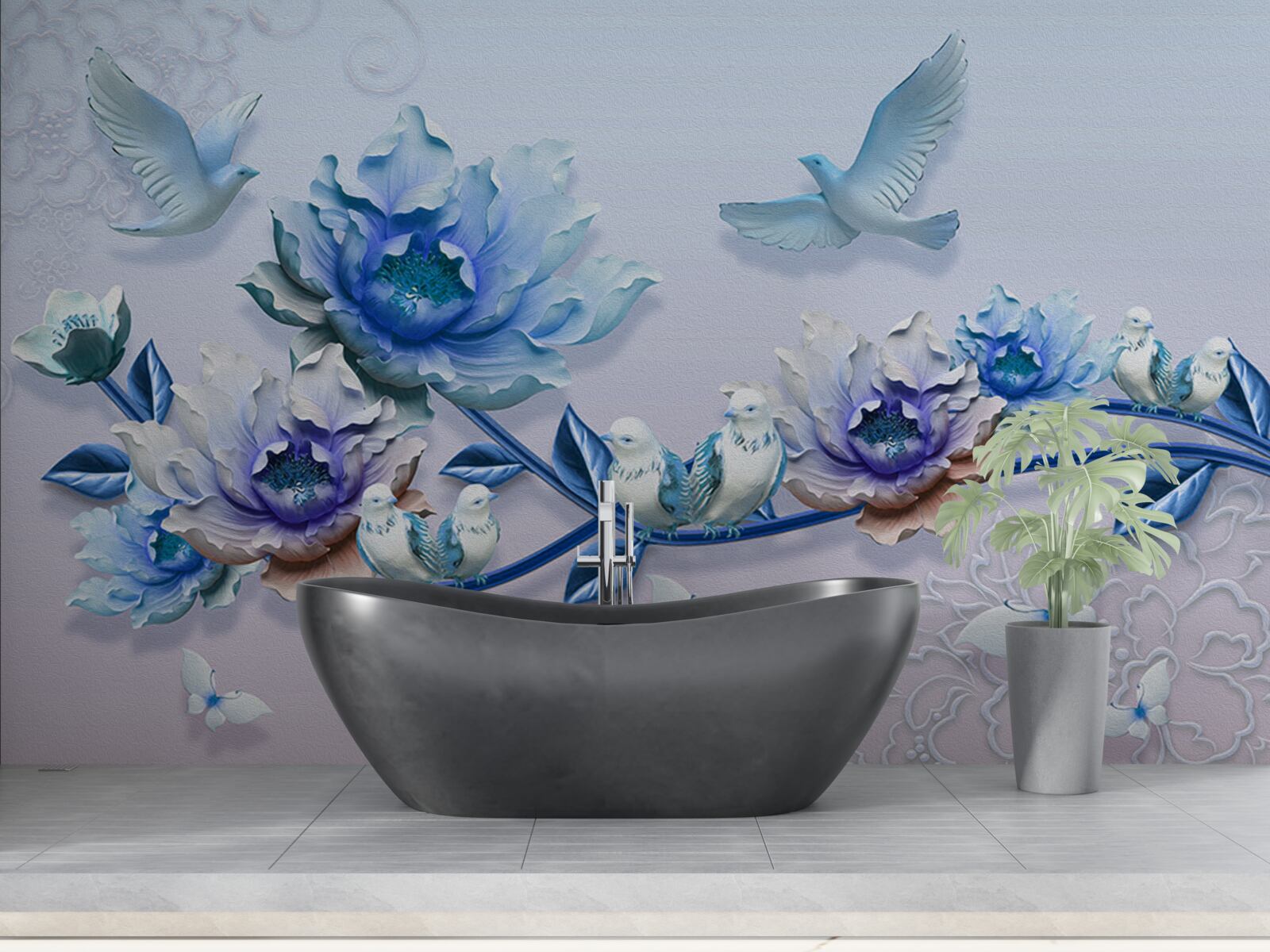 Фотошпалери гілка, обвита блакитними квітами - рай для голубів