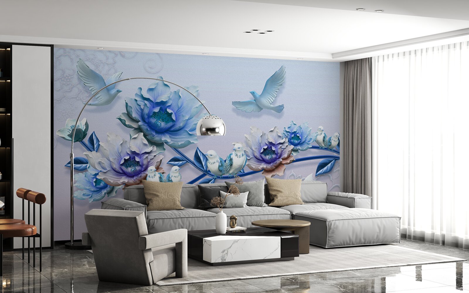 Фотошпалери гілка, обвита блакитними квітами - рай для голубів