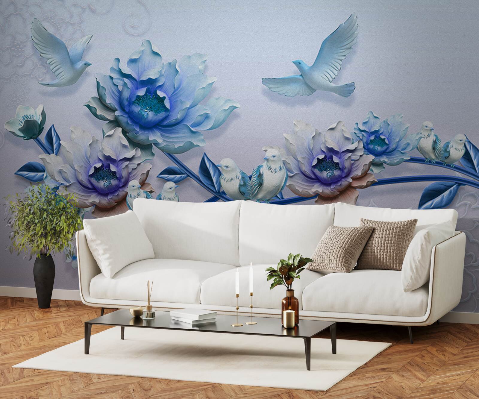 Фотошпалери гілка, обвита блакитними квітами - рай для голубів