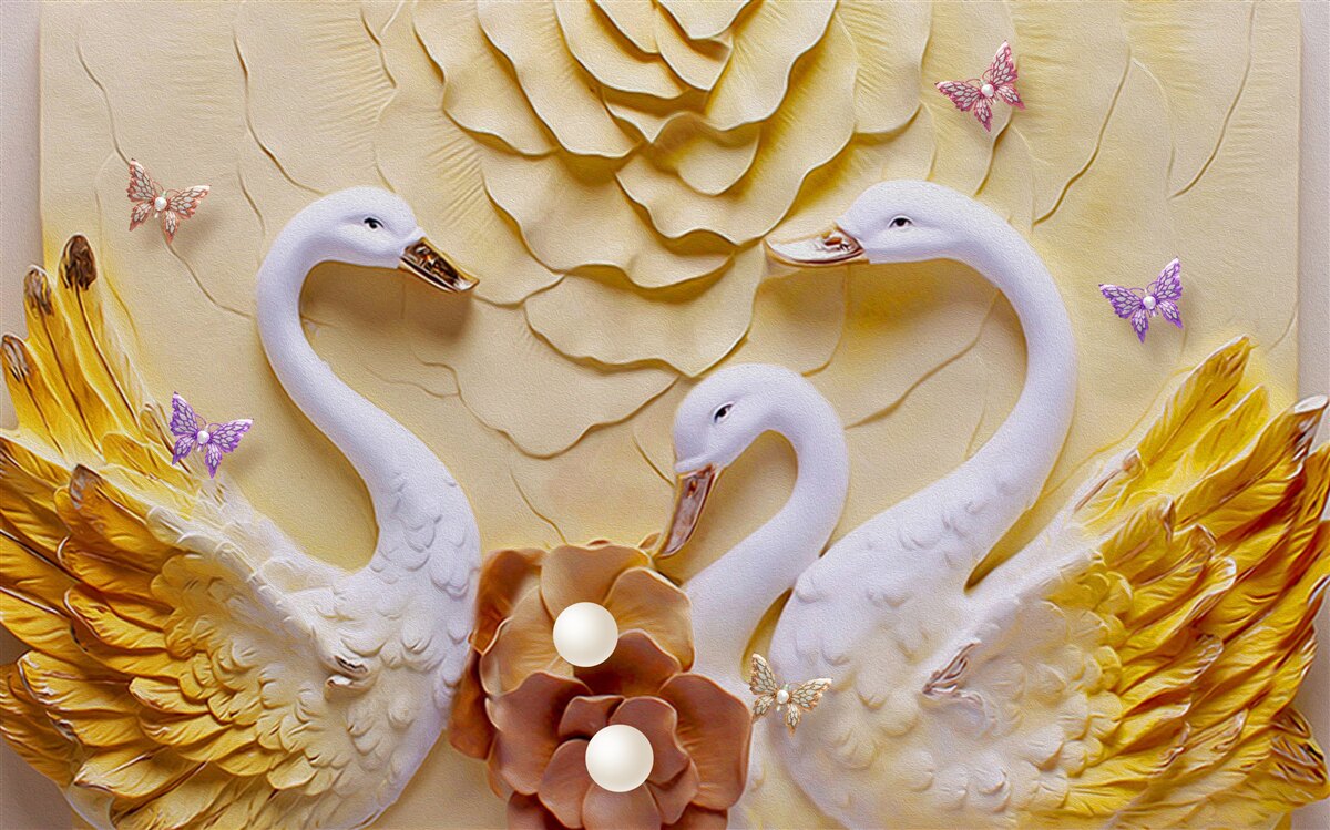 Фотошпалери лебеді білі з крилами, облямованими золотом