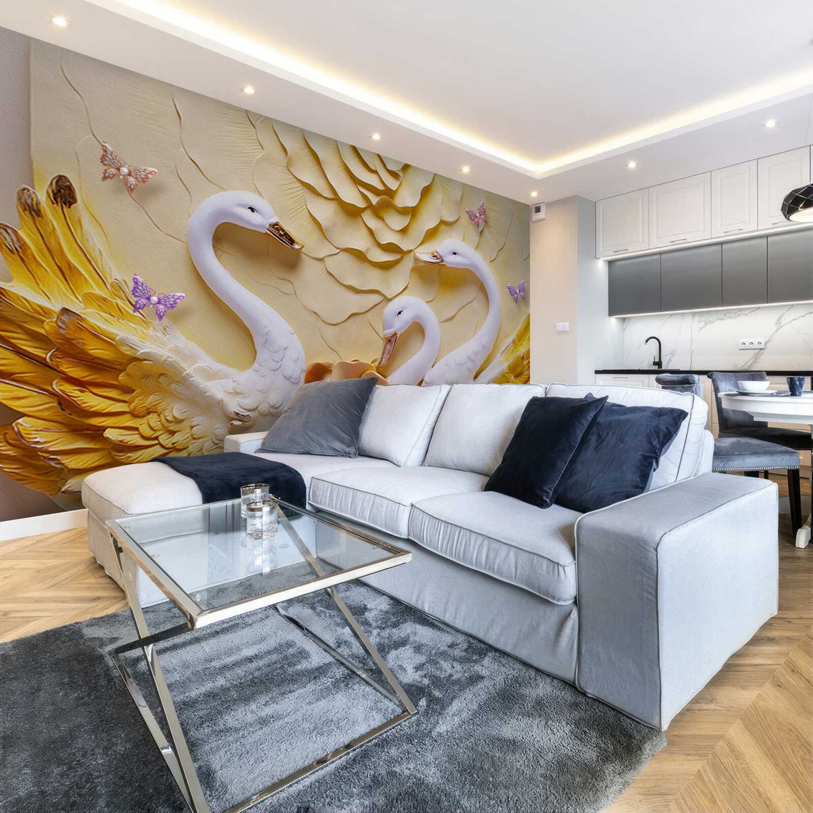 Фотошпалери лебеді білі з крилами, облямованими золотом