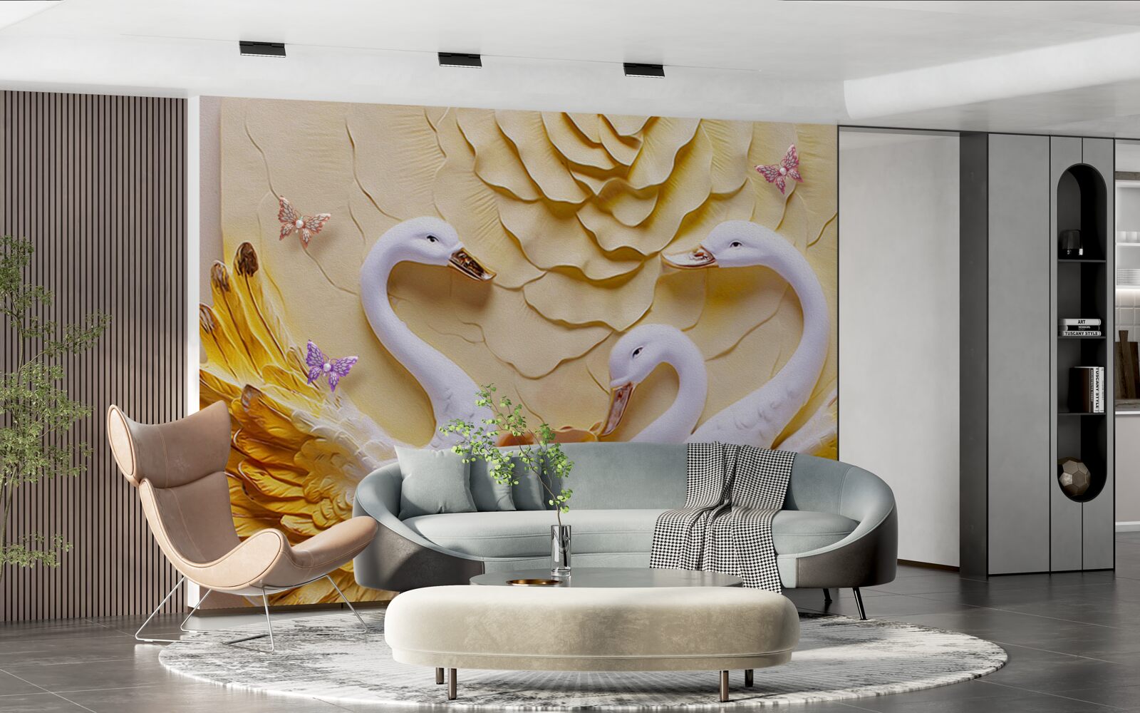 Фотошпалери лебеді білі з крилами, облямованими золотом