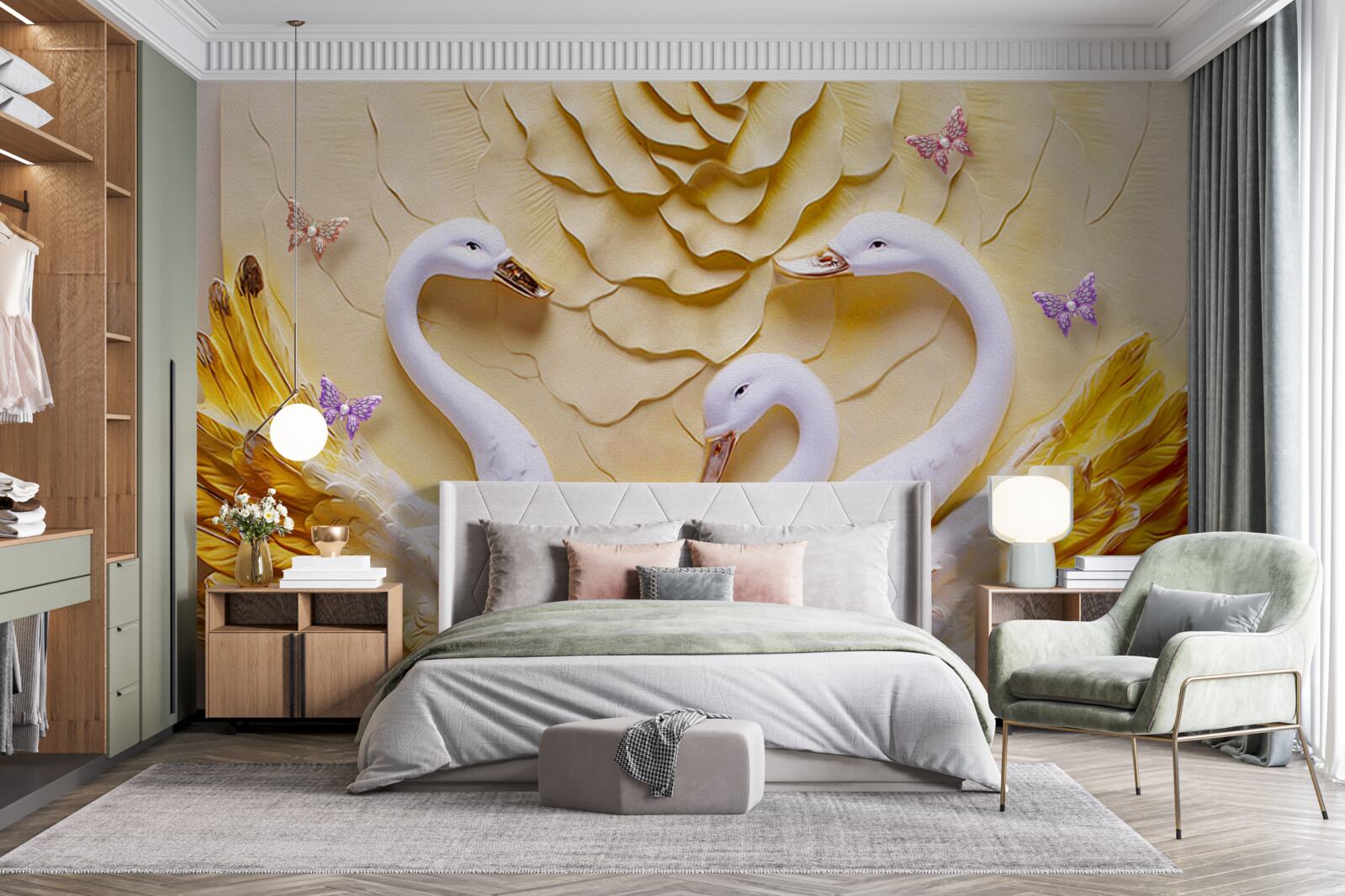 Фотошпалери лебеді білі з крилами, облямованими золотом